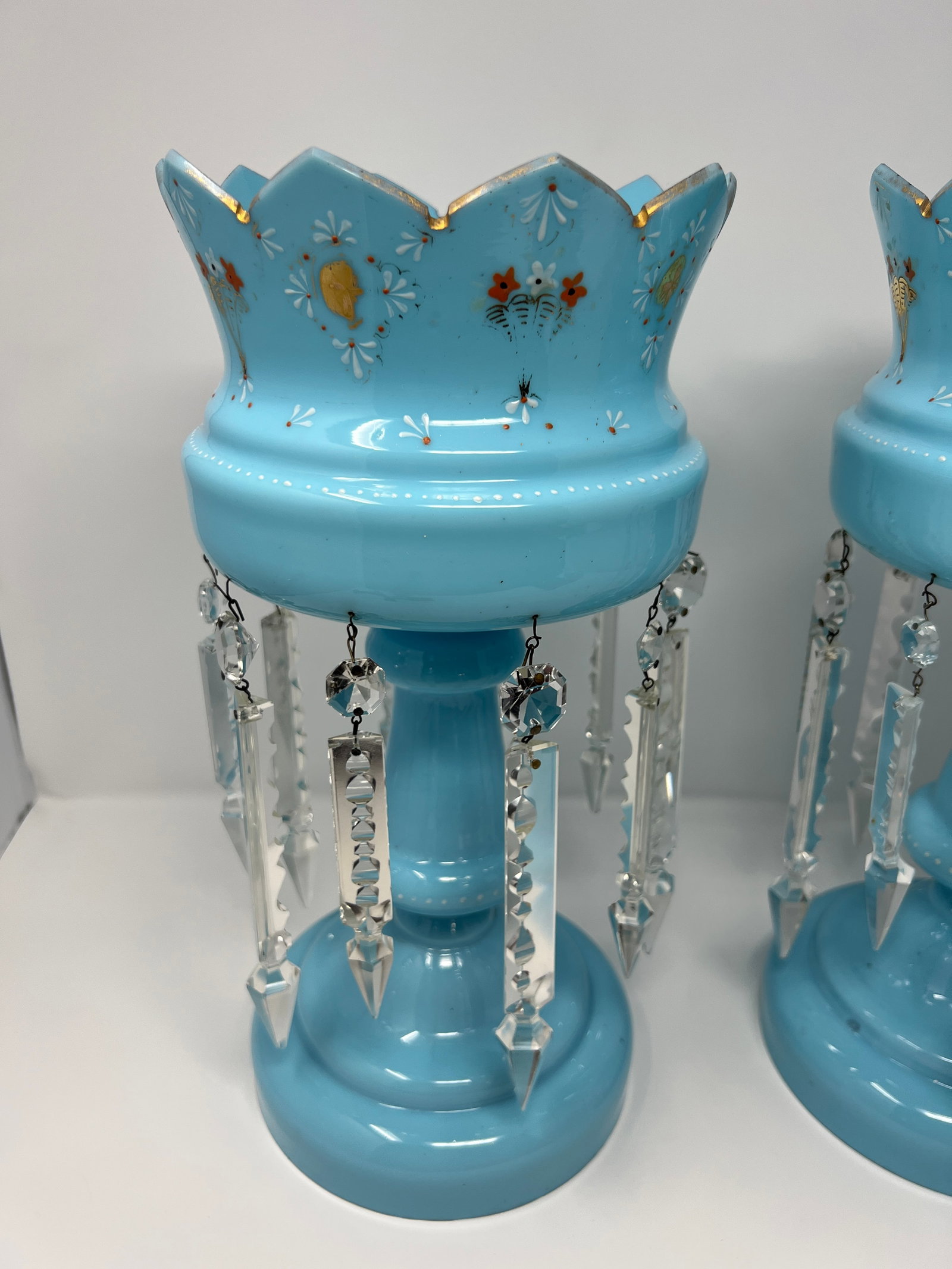 Late 19th Century Victorian Blue Opaline Glass Mantle Lusters With Cut Prisms, Pair, 14" - 9