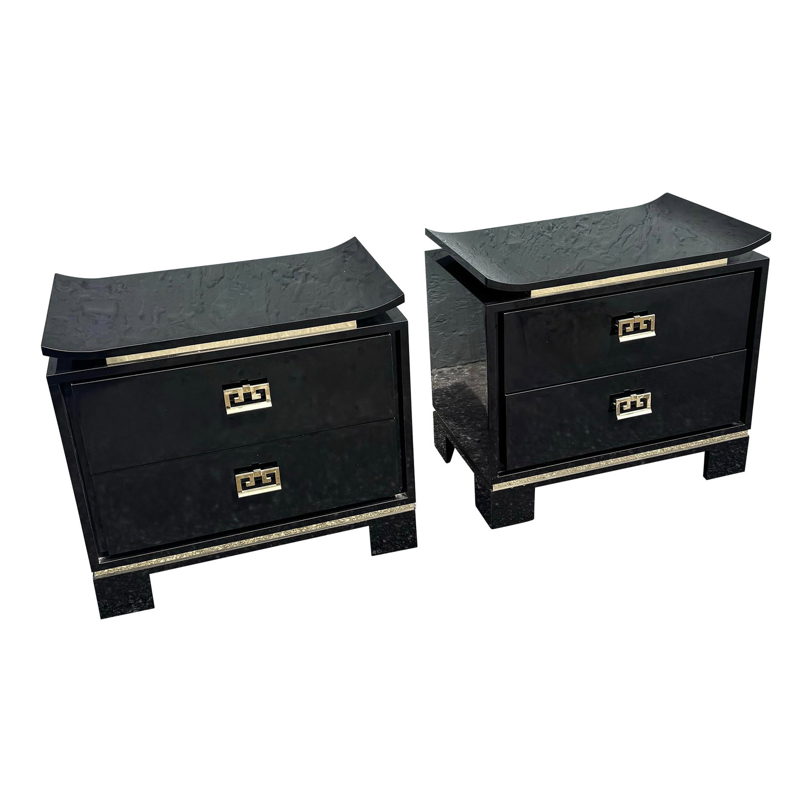 Chinoiserie Black Gloss Laminate Nightstands With Gold Accents - A Pair: Elegant pair of chinoiserie-inspired nightstands featuring a dramatic black gloss laminate finish accented with polished gold trim. Each piece is designed with a gently curved pagoda-style top, a