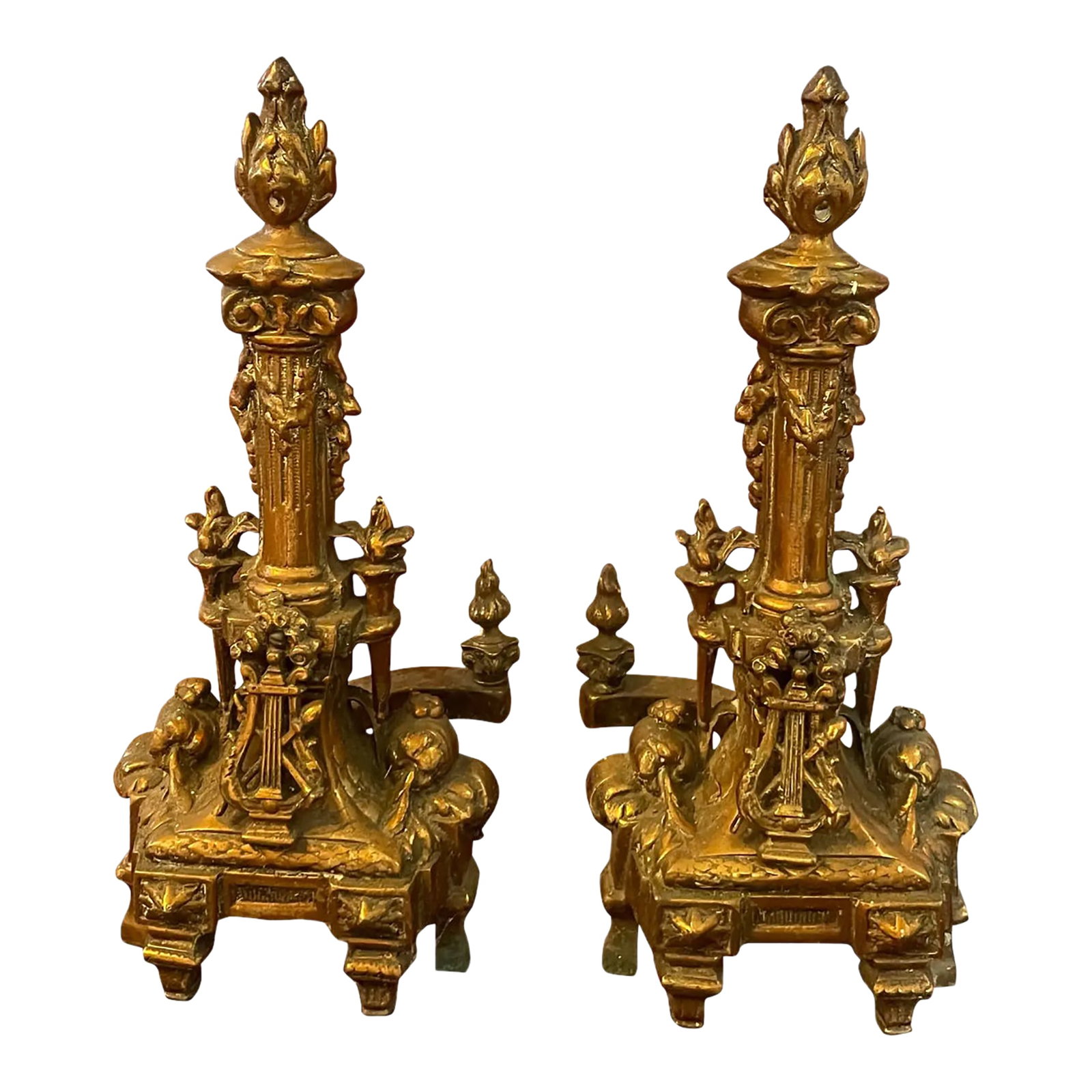 19th Century French Bronze Adirons: Very special pair of classical French bronze adirons. Ornate detail including a lyre, garland, fruit. Condition: Alterations: Original Condition Unaltered Imperfections: Some Imperfections Condition