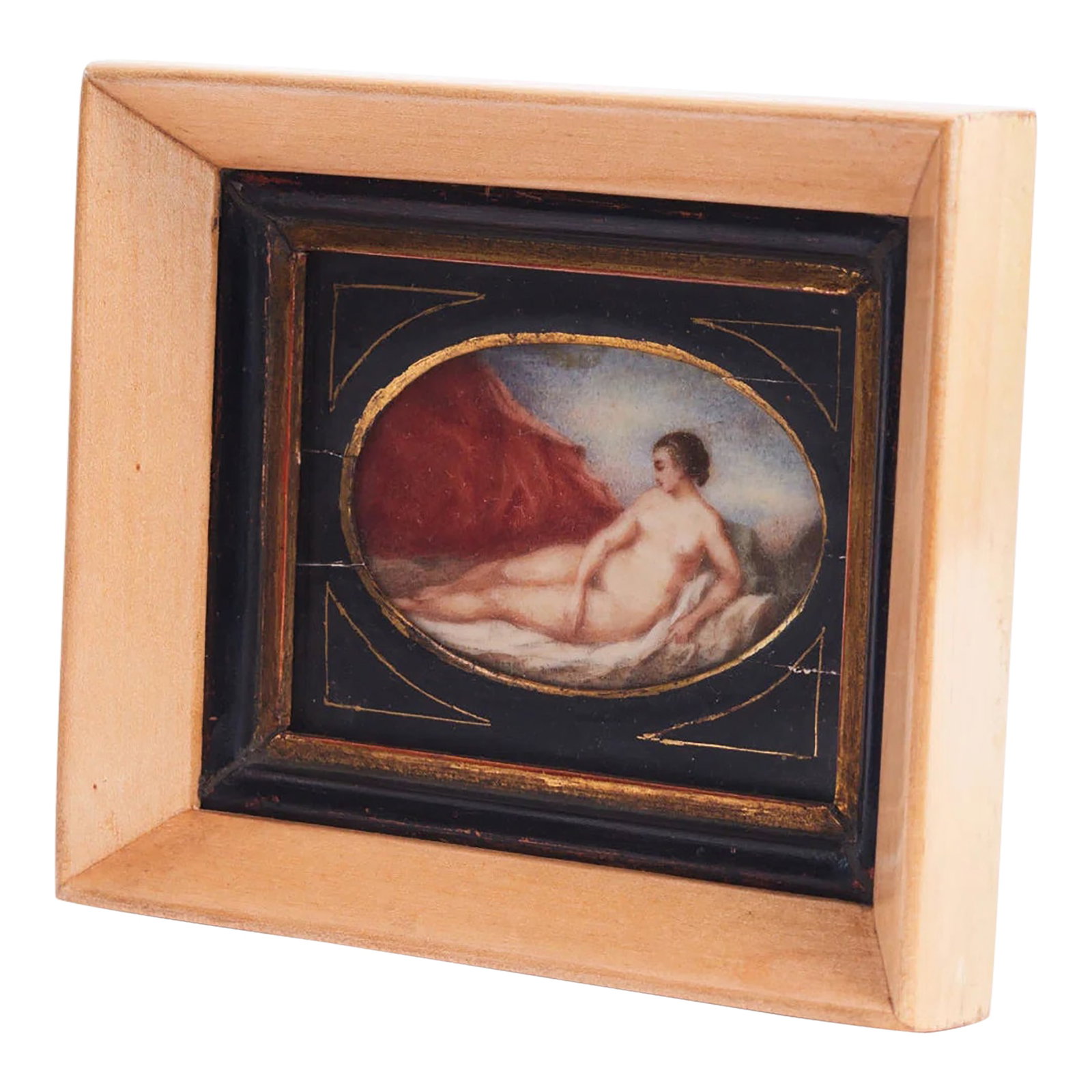 Portrait of a Reclining Muse 19th Century French Hand-Painted French Miniature Nude: An exquisitely hand-painted miniature portrait, La Reposee is a luminous 19th-century work capturing the timeless allure of the reclining nude. Painted in oils on a small wooden panel, this French