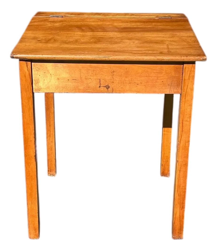 Antique Teachers School Desk: Teachers writing desk in beautiful pine wood from the late 19th c. Tall, with a slightly slanted top that lifts open for book storage. A chain keeps the top in place. The back of the top has a hand
