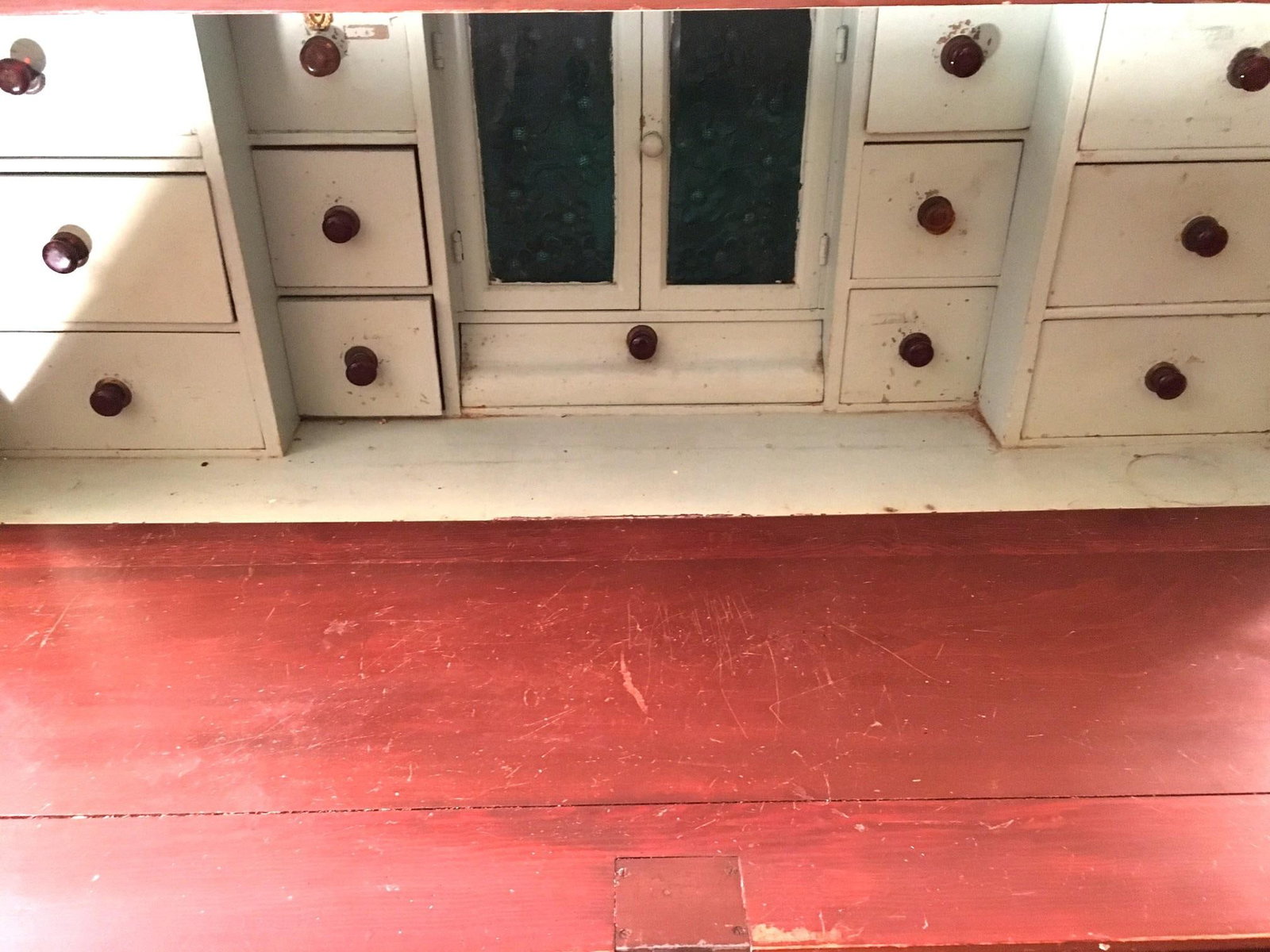 19thc Medical Paw Foot Cabinet Desk W/Original Milk Paint & Colored Glass Panels - 2