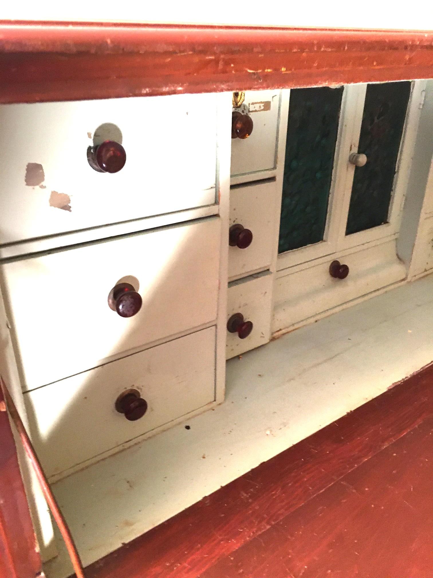 19thc Medical Paw Foot Cabinet Desk W/Original Milk Paint & Colored Glass Panels - 4