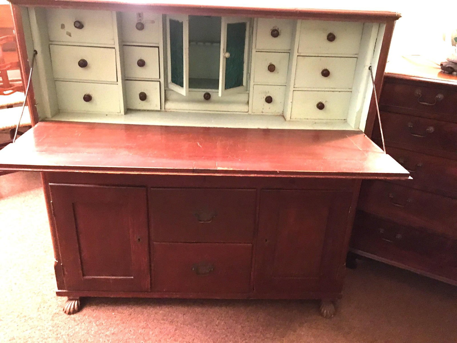 19thc Medical Paw Foot Cabinet Desk W/Original Milk Paint & Colored Glass Panels - 6