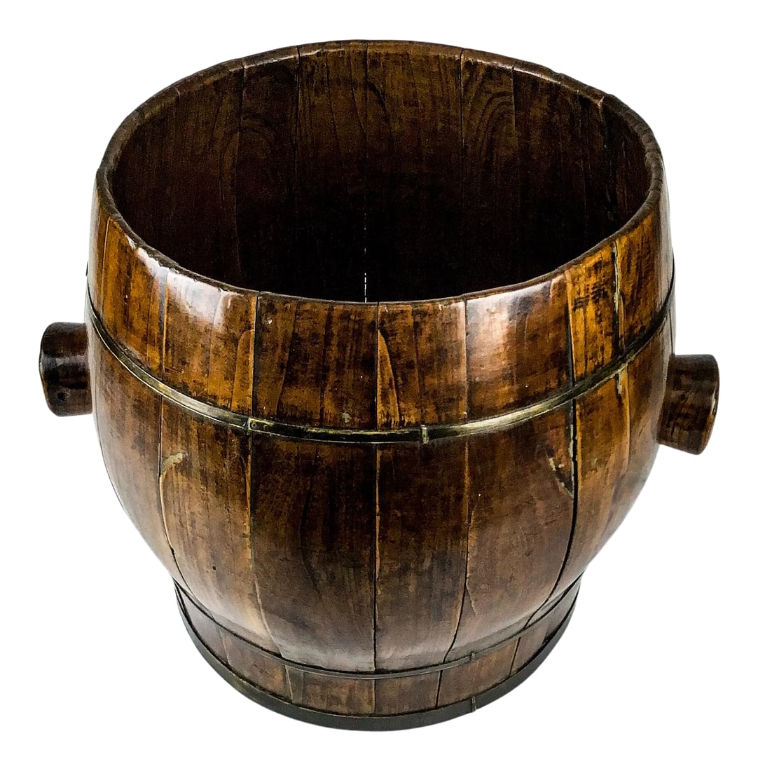 Antique Chinese Wood Rice Container Planter: Absolutely gorgeous piece of history. Curvy wood has been formed to a huge round vessel for the Chinese people of the late 19th century. Strapped with brass and complete with handles for easy transpor