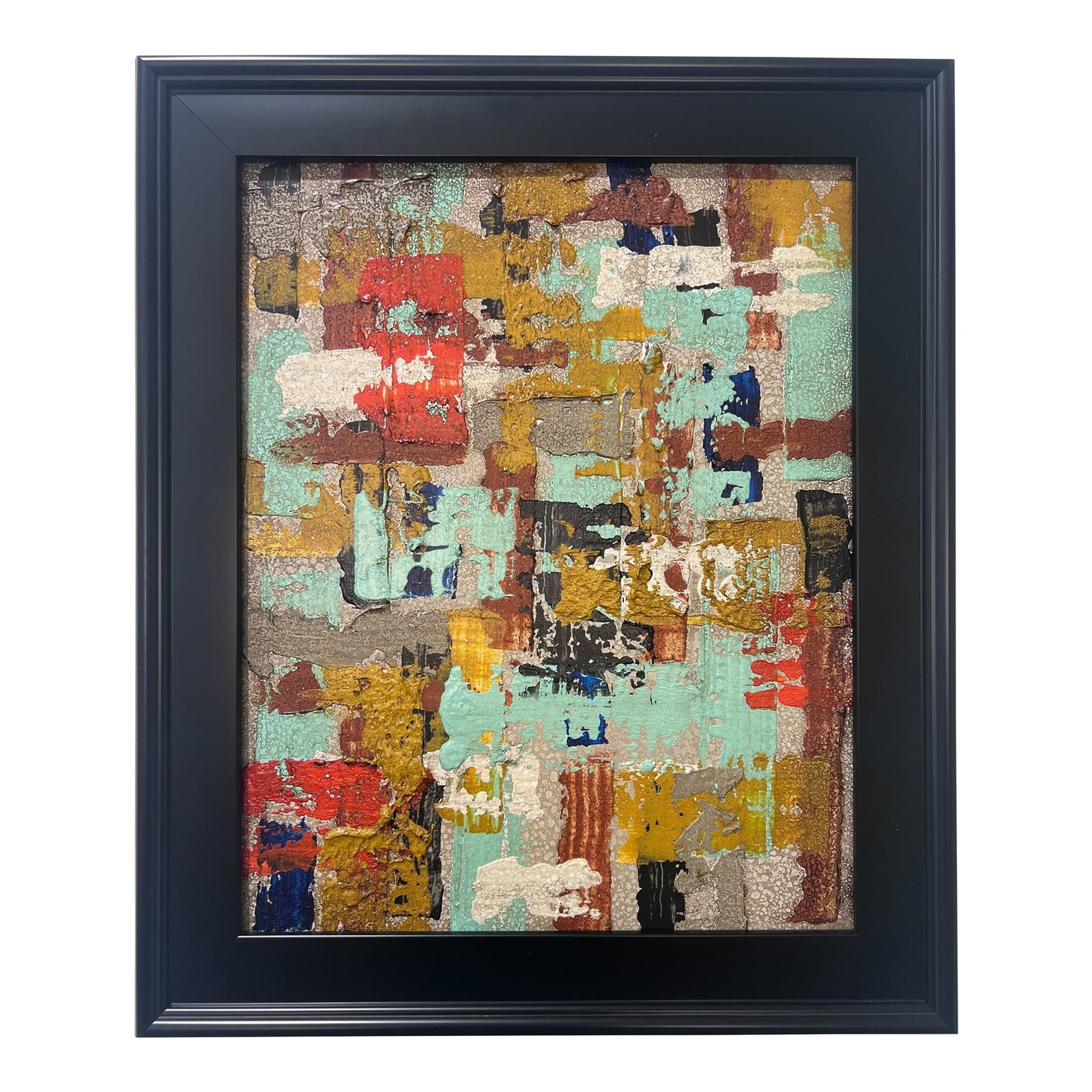 Community - Original Abstract Painting by J. Kent Martin: This original mixed-media abstract painting by J. Kent Martin is inspired by aerial views of farmland and the ordered patterns of roads and city streets. Built through layers of paint that are