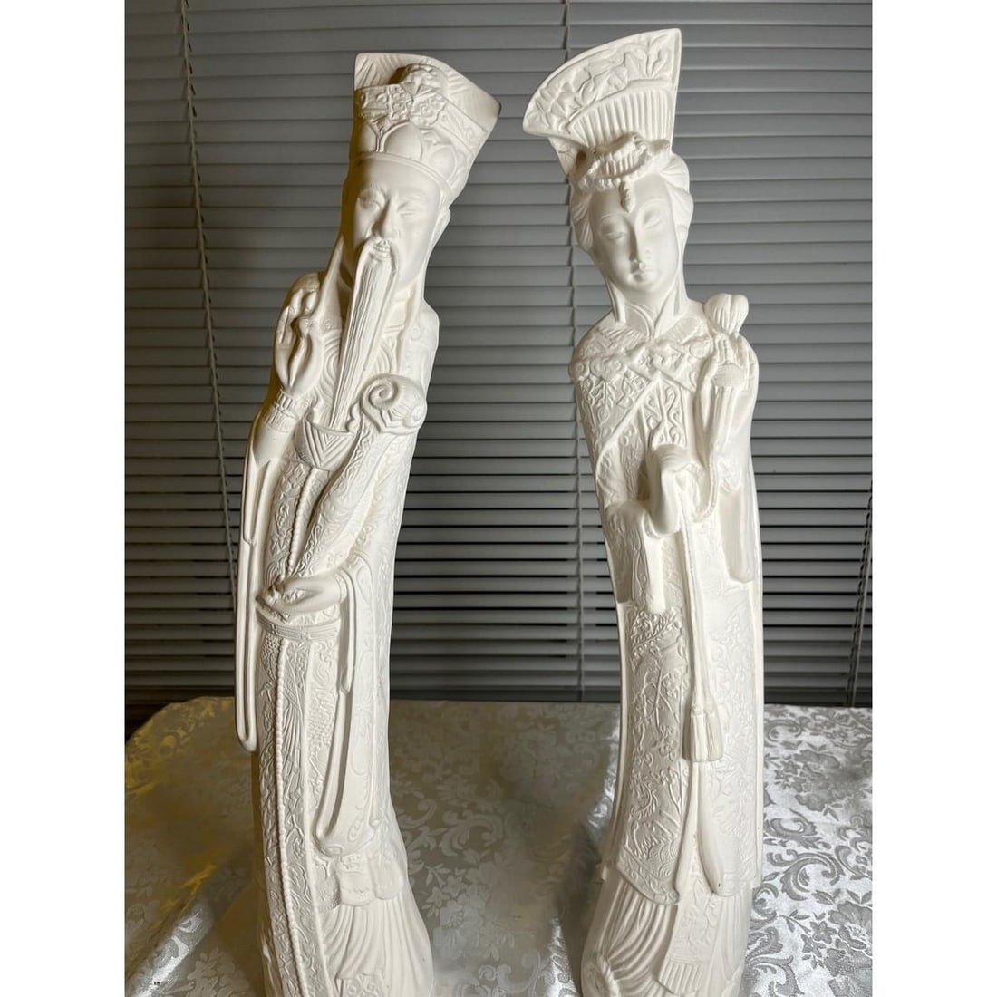 Vintage 22" Chinese Emperor & Empress Chalkware Statues - White Mid Century, A Pair - 10