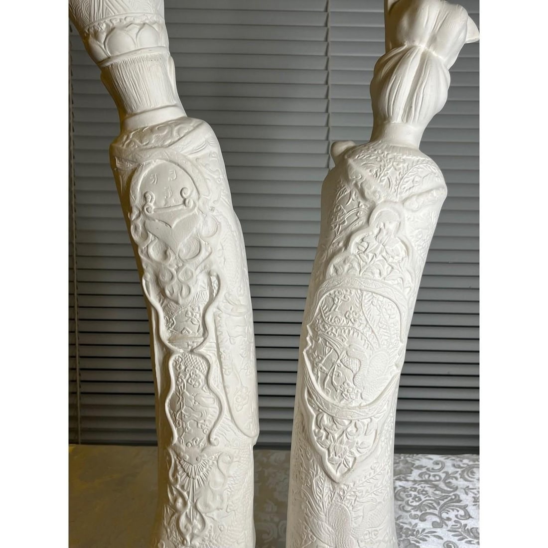 Vintage 22" Chinese Emperor & Empress Chalkware Statues - White Mid Century, A Pair - 12
