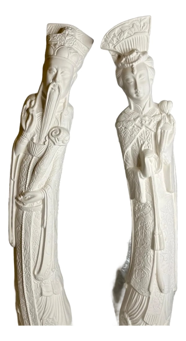 Vintage 22" Chinese Emperor & Empress Chalkware Statues - White Mid Century, A Pair: Add a touch of Mid-Century Hollywood Regency flair to your home with this stunning pair of Chinese "Immortal" figurines. Standing at an impressive 22 inches tall, this set features a detailed Emperor