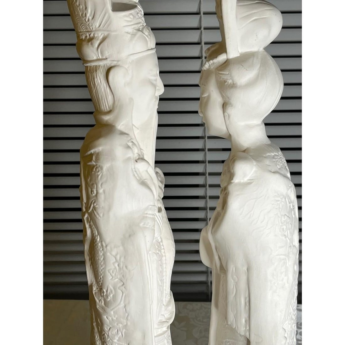 Vintage 22" Chinese Emperor & Empress Chalkware Statues - White Mid Century, A Pair - 3