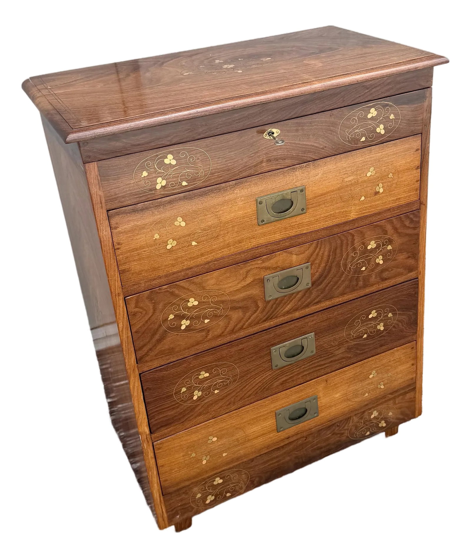 Vintage Italian Style Wooden Jewelry/Silverware Chest: A distinctive vintage wooden jewelry or silverware chest featuring rich wood grain, decorative floral inlay, and campaign-style brass recessed pulls. The tall chest includes four spacious drawers
