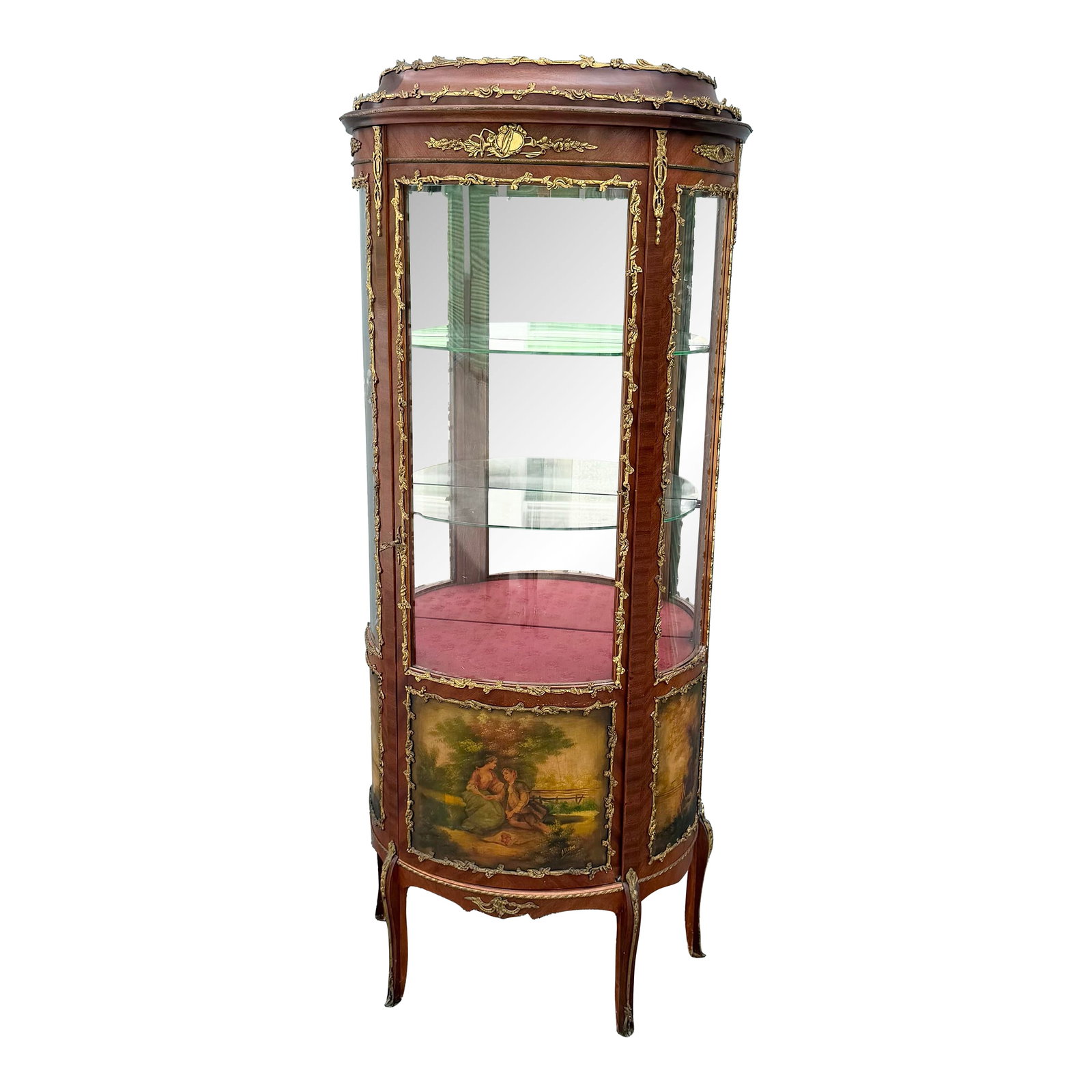 Antique French Louis XV Style Curio Display Cabinet: An elegant Antique French Louis XV-style display cabinet, crafted in Spain with a gracefully bowed serpentine silhouette and richly figured wood veneer accented by finely cast gilt bronze ormolu