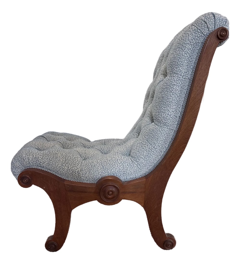 Antique Swedish Occassional Chair: This brown Swedish seat contains it's original seating material, completely reupholstered in Schumacher's Mini Leopard outdoor fabraic and Samuel & Sons gimp. It's is newly tufted to last another