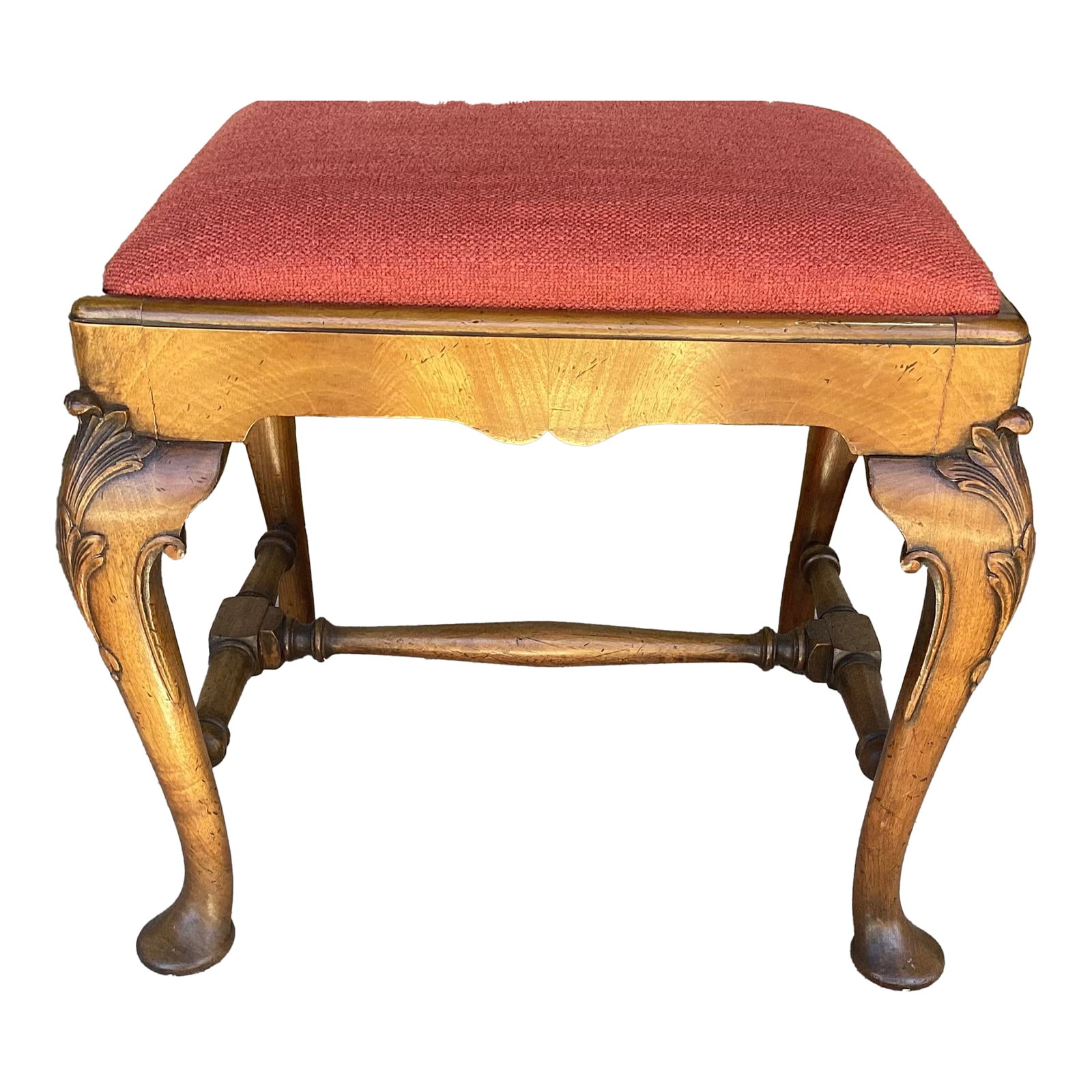 Queen Anne Style Walnut Bench by Charles Tozer C 1910 W Removable Seat: Charles Tozer was a retailer of high quality reproduction furniture, trading from the early 20th C until the 1960's. This is a reproduction of a Queen Anne bench. Can be moved about for extra seating 