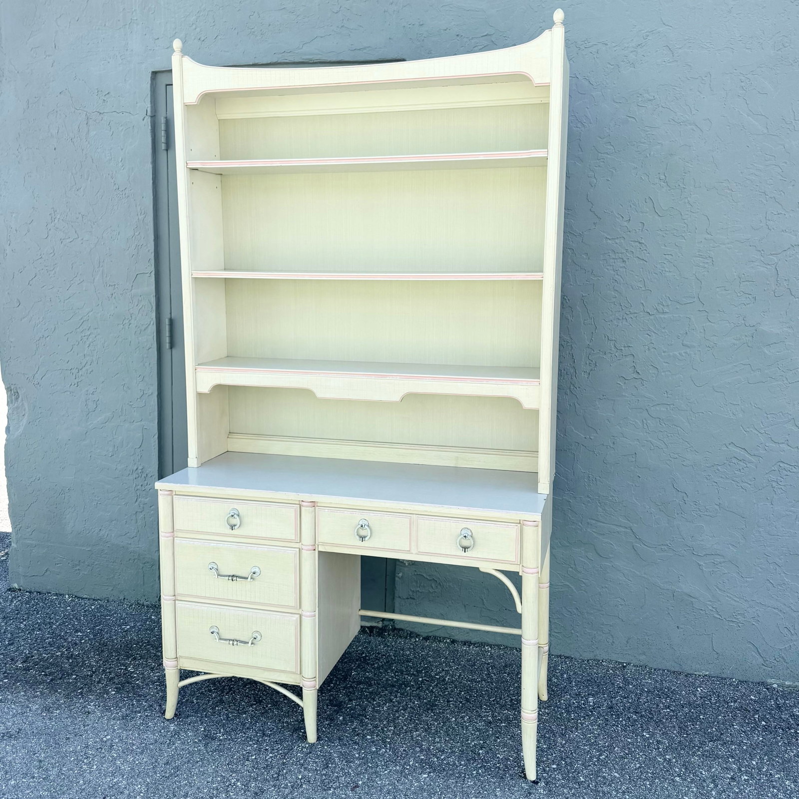Vintage Coastal Faux Bamboo Cream and Pink Desk With Hutch by Thomasville - 2