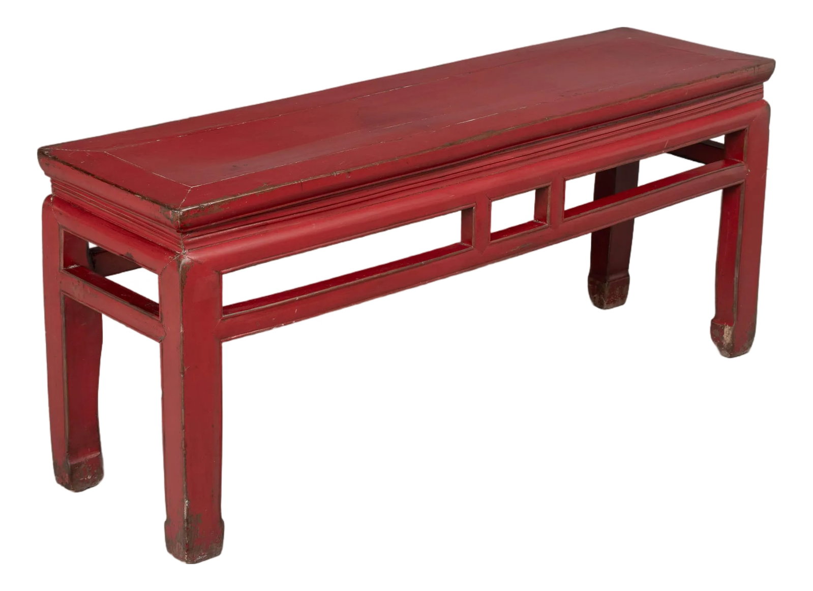 19th Century Chinese Qing Dynasty Red Lacquered Bench: A 19th Century Chinese Qing dynasty red lacquered elm wood bench. Handcrafted using pegged and tenon construction with slight imperfections and nice original patina showing some wear. Simple design