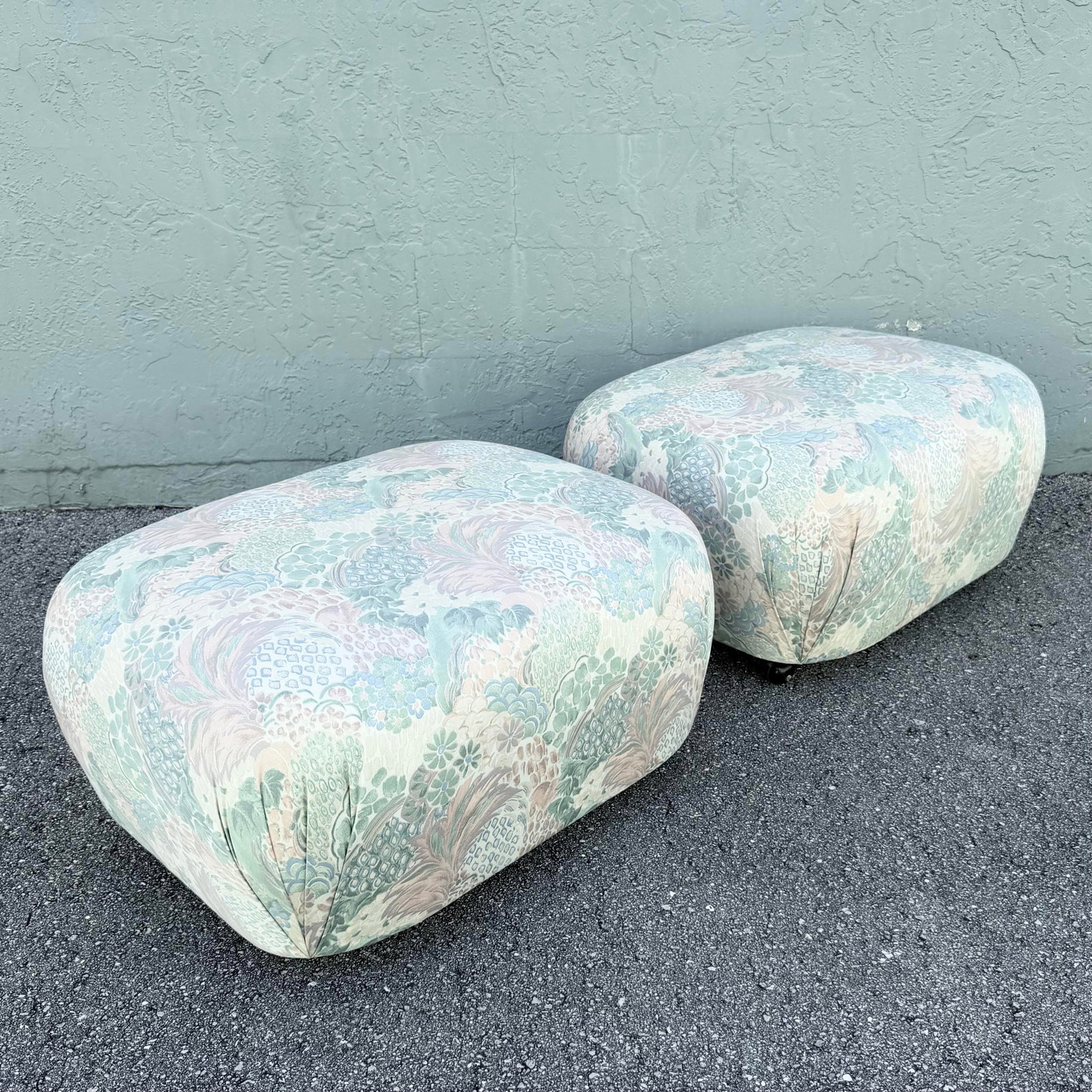 Postmodern Multicolored Floral Fabric Pouf Ottomans - A Pair - 2