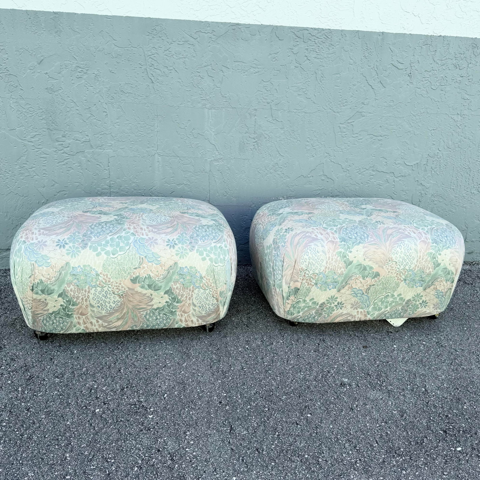 Postmodern Multicolored Floral Fabric Pouf Ottomans - A Pair - 3