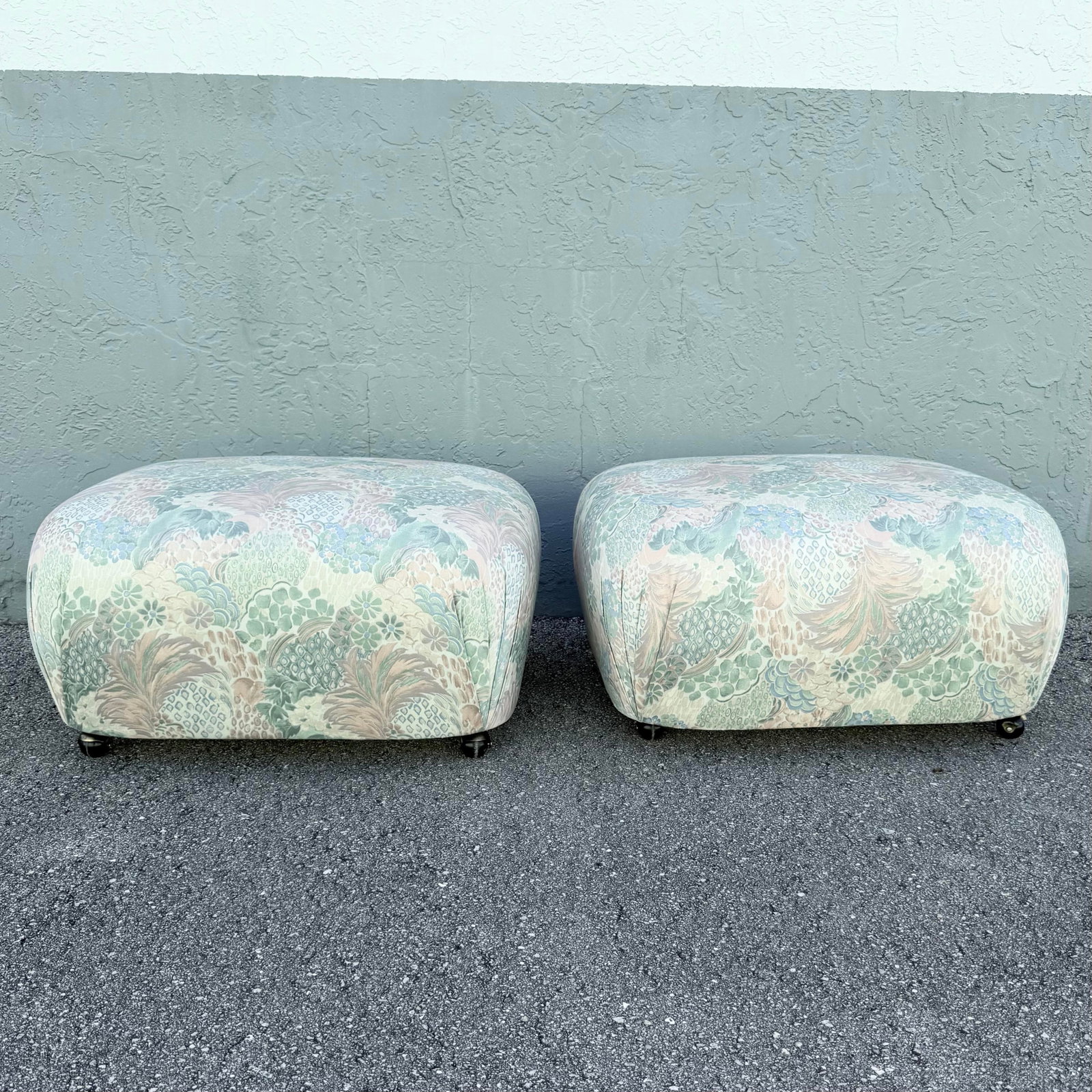 Postmodern Multicolored Floral Fabric Pouf Ottomans - A Pair - 4