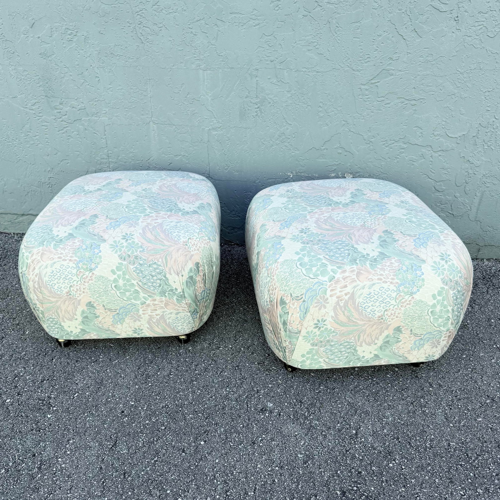Postmodern Multicolored Floral Fabric Pouf Ottomans - A Pair - 6