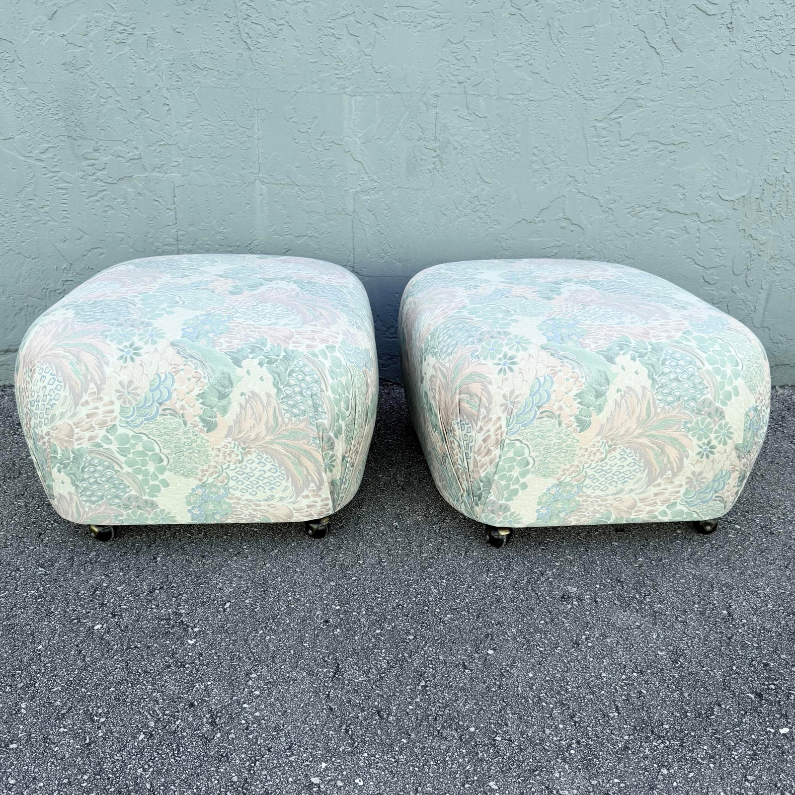 Postmodern Multicolored Floral Fabric Pouf Ottomans - A Pair - 8