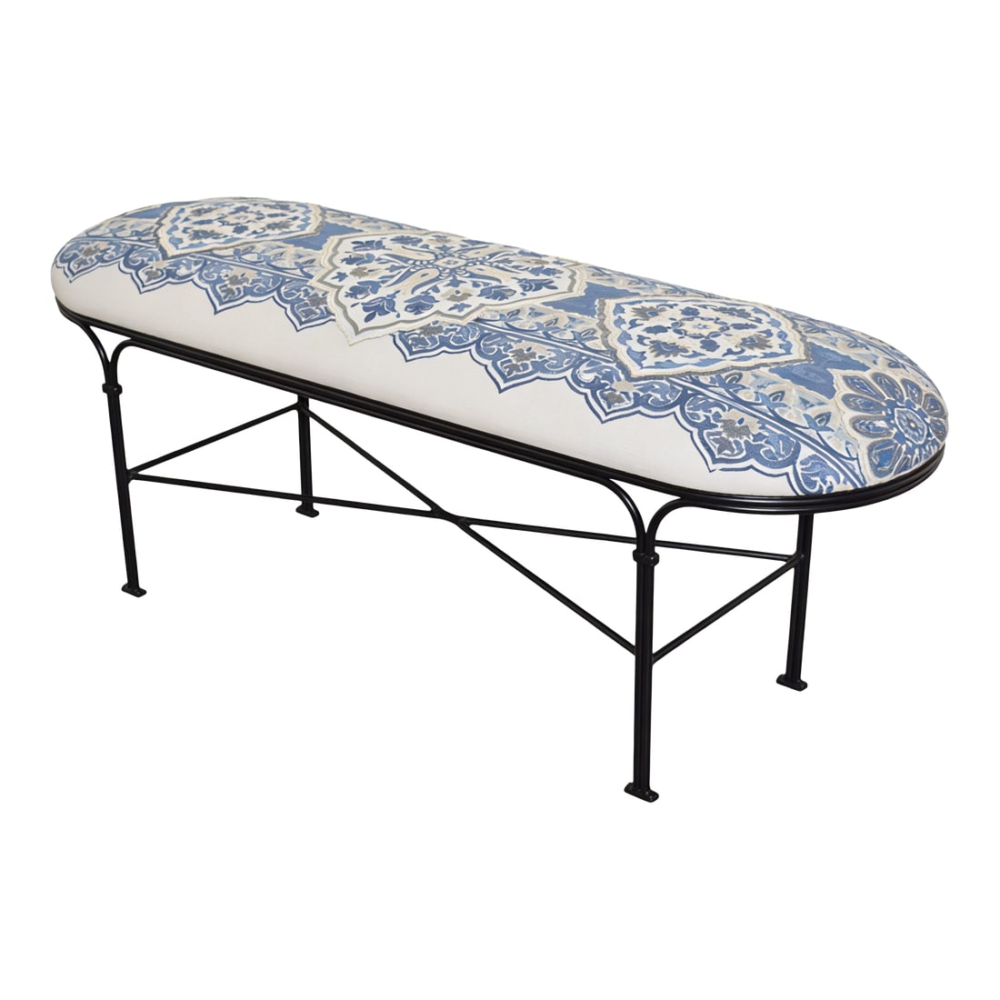Custom Blue & White Chinoiserie Upholstered Bench With Black Iron Base (1 of 8)