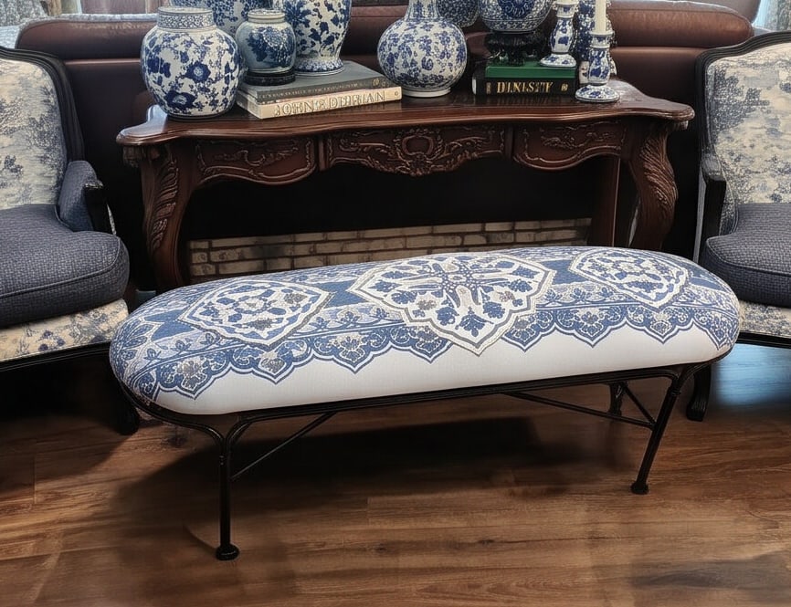 Custom Blue & White Chinoiserie Upholstered Bench With Black Iron Base - 2