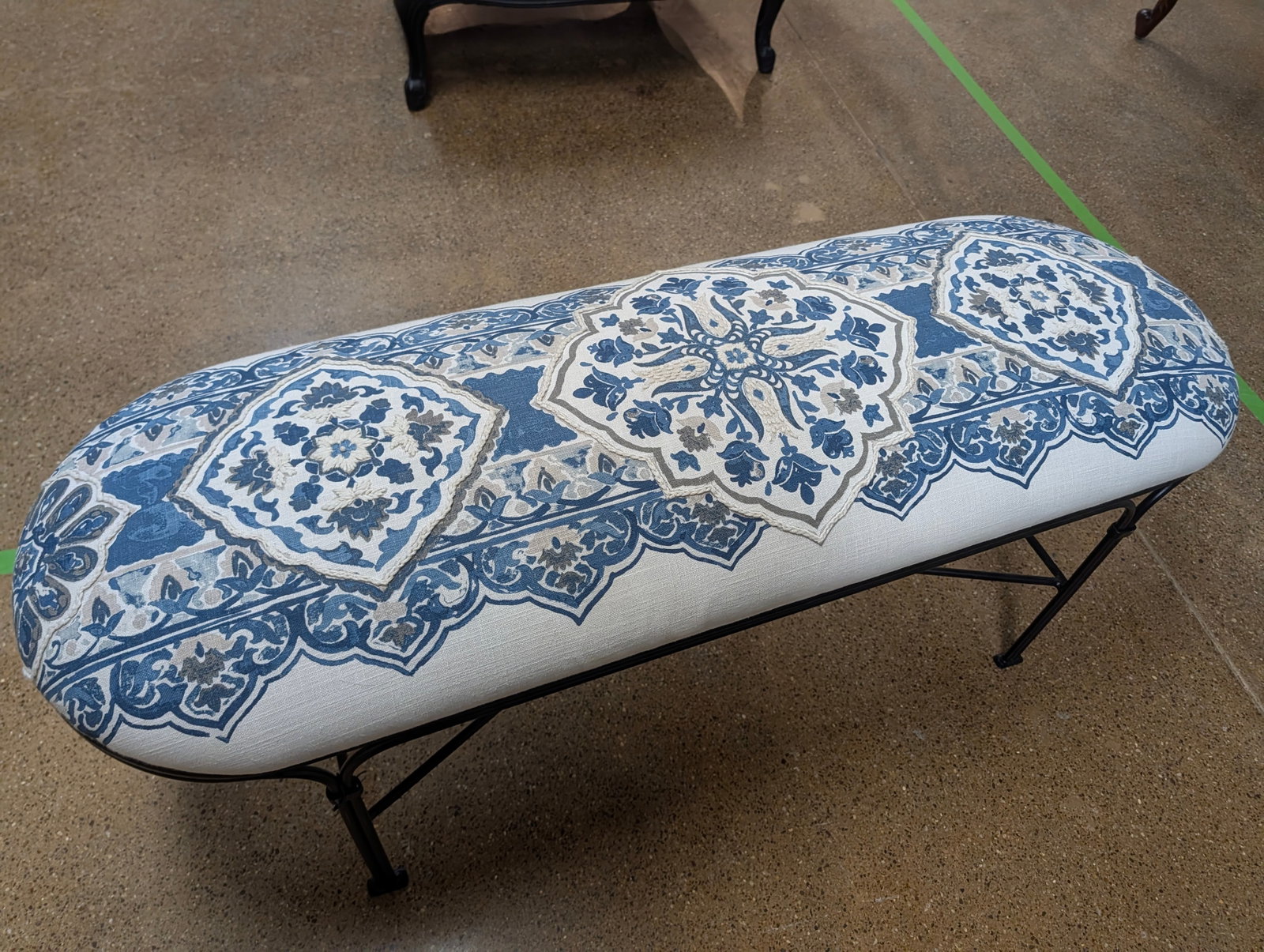 Custom Blue & White Chinoiserie Upholstered Bench With Black Iron Base - 3