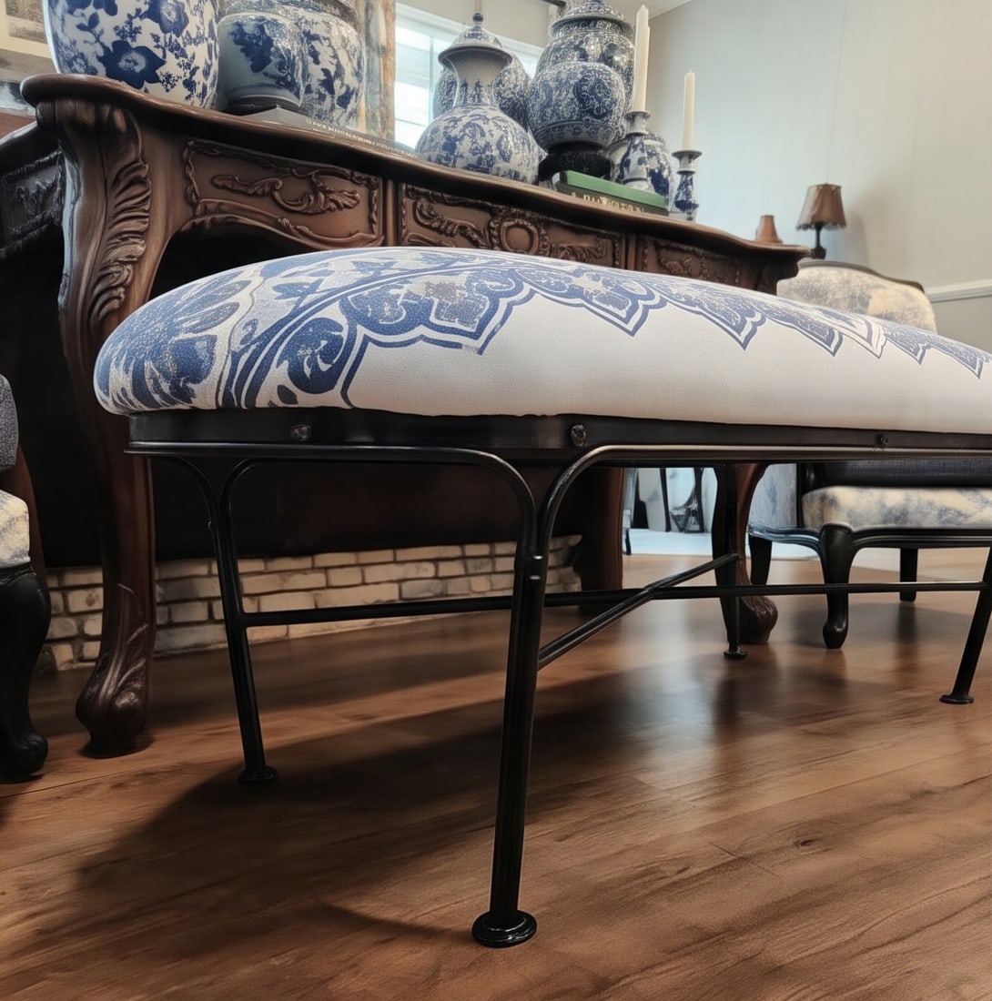 Custom Blue & White Chinoiserie Upholstered Bench With Black Iron Base - 4