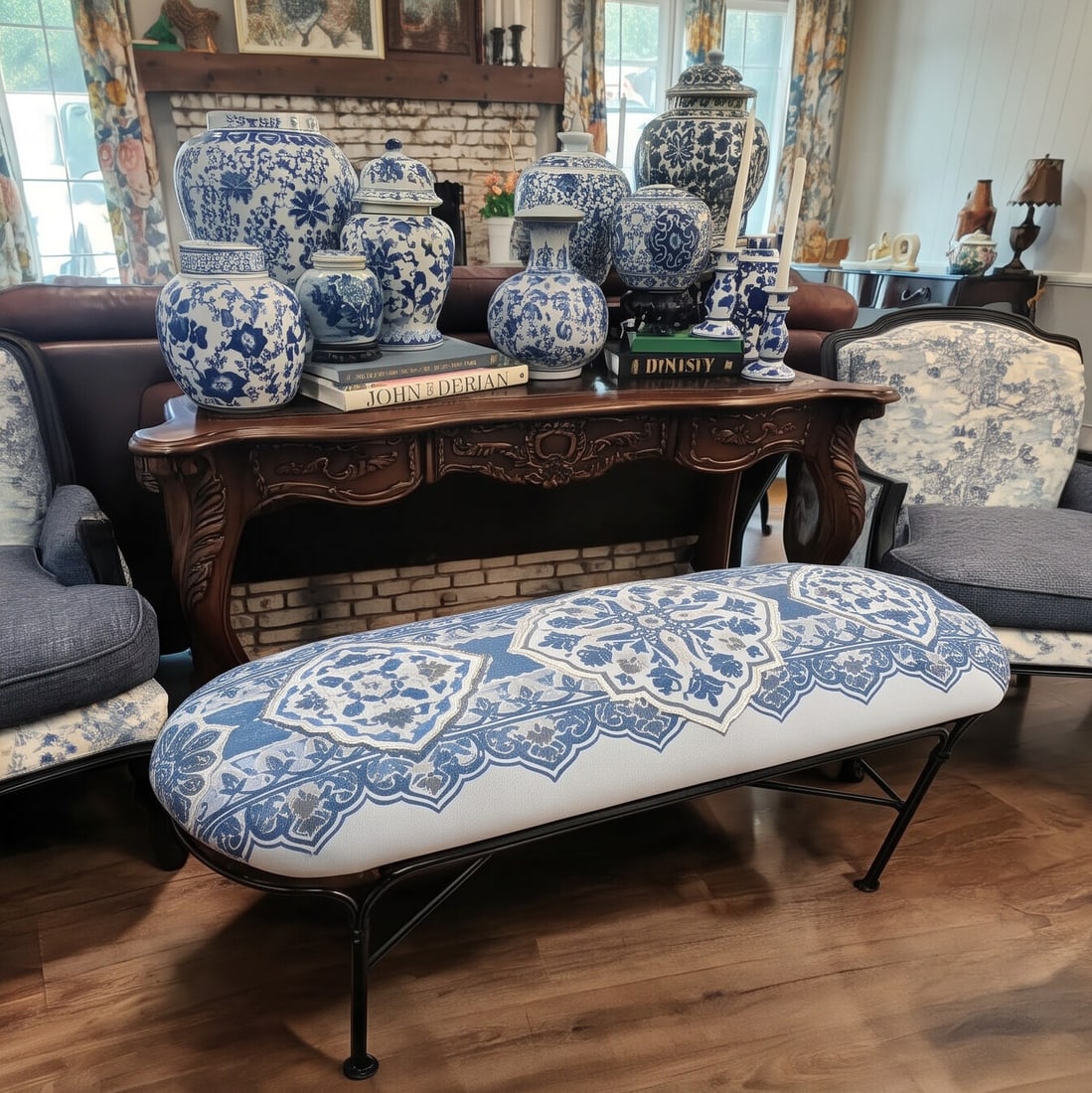 Custom Blue & White Chinoiserie Upholstered Bench With Black Iron Base - 5