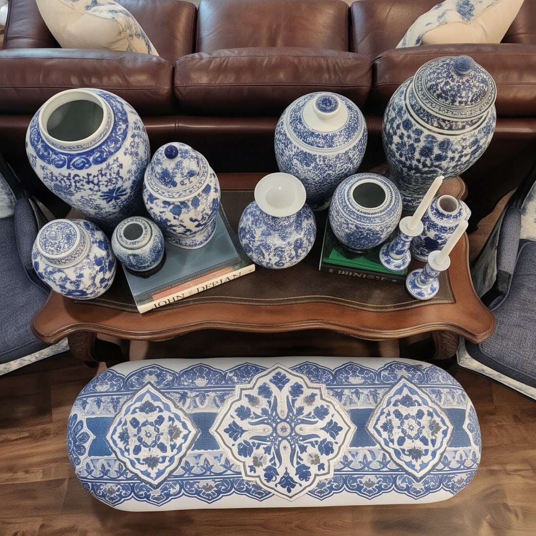 Custom Blue & White Chinoiserie Upholstered Bench With Black Iron Base - 6