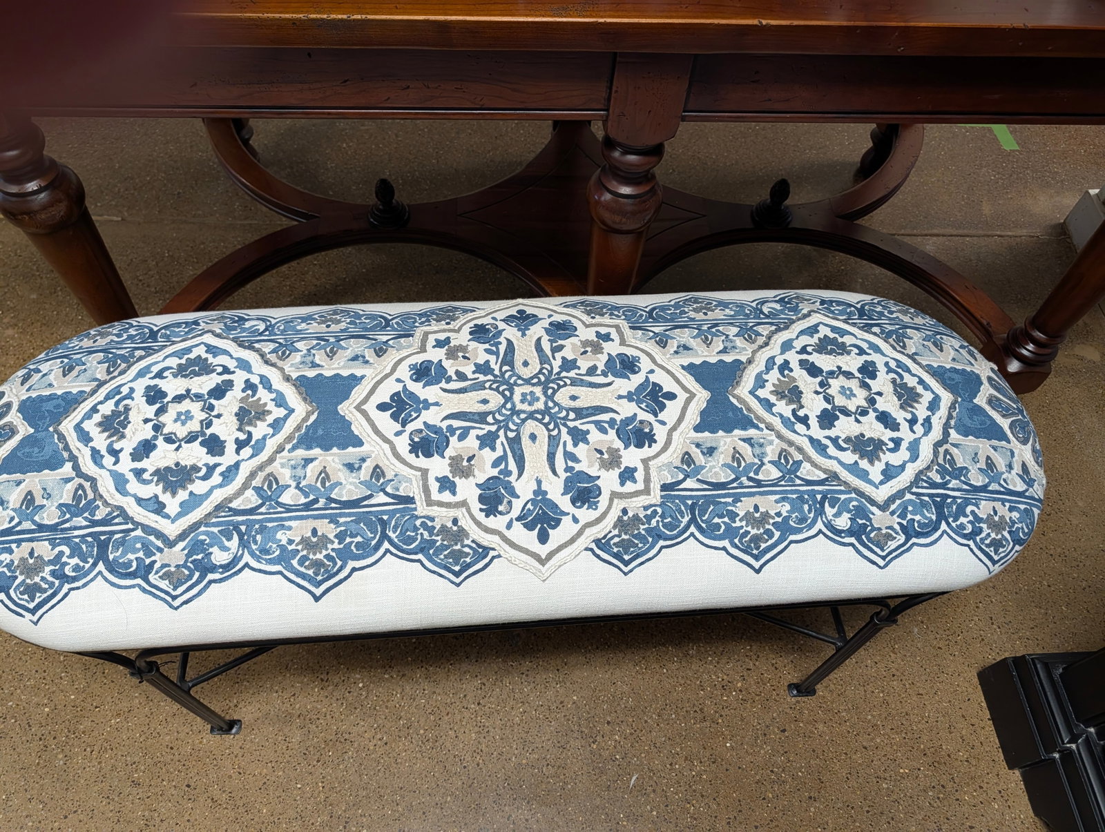 Custom Blue & White Chinoiserie Upholstered Bench With Black Iron Base - 8