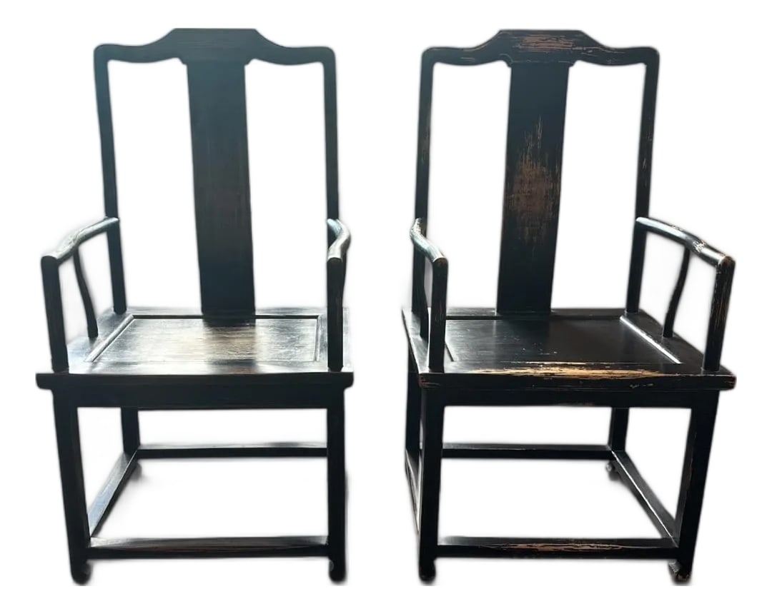 Restoration Hardware Accent Chairs: Distressed Black Wooden Accent Chairs with Patterned Seat Cushion:This vintage-inspired wooden chair showcases a distinctive Queen Anne-style silhouette. Finished in distressed black paint with