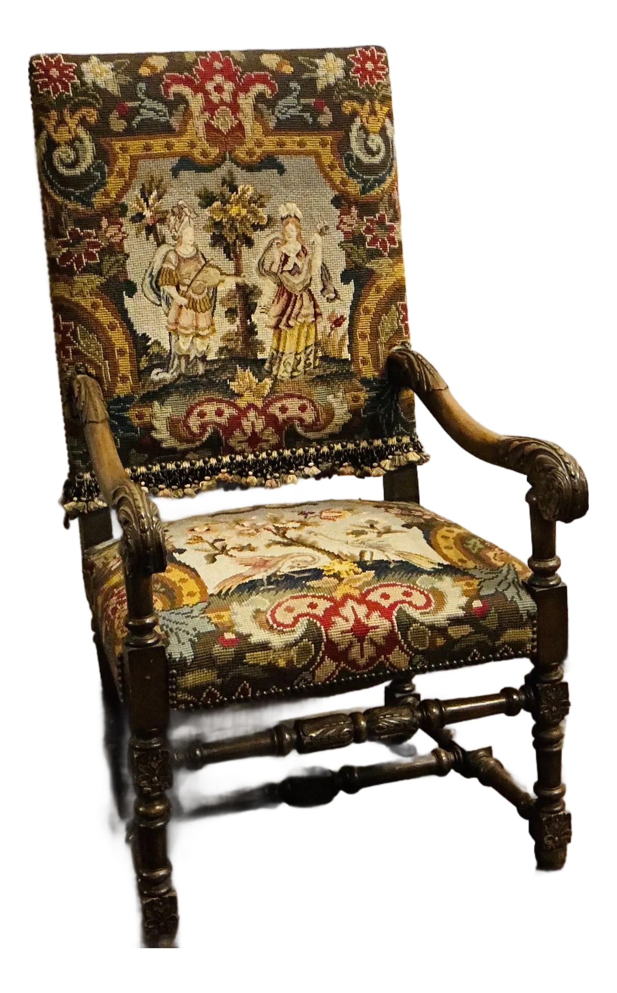 Antique William and Mary Style Chair With Needlepoint Seat and Front of Back: William and Mary revival furniture is a later 19th-century re-creation of the original late 17th-century Baroque style. This chair has beautiful walnut wood frame showcasing a vibrant needlepoint