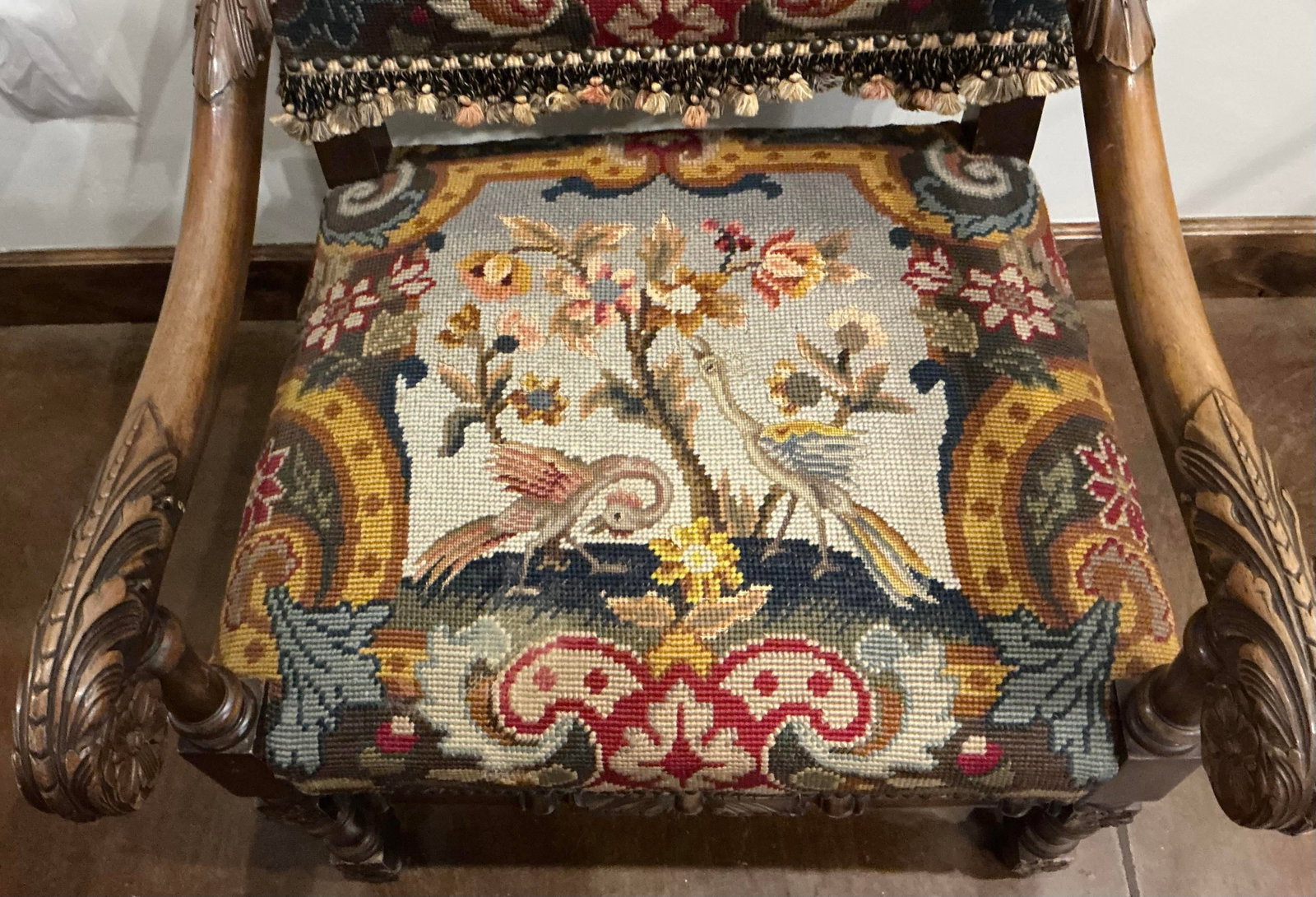 Antique William and Mary Style Chair With Needlepoint Seat and Front of Back - 2