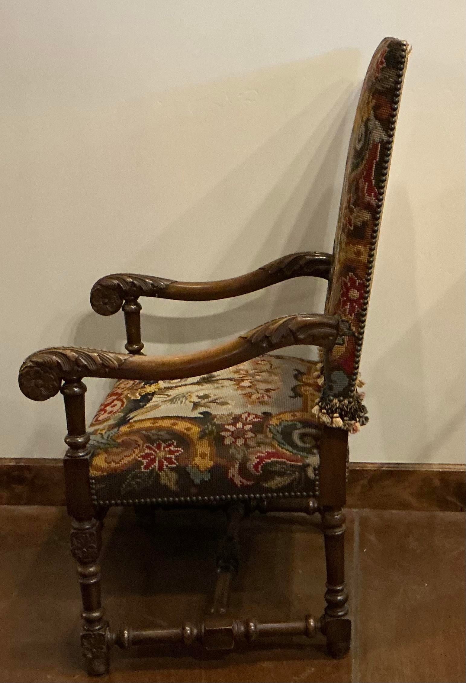 Antique William and Mary Style Chair With Needlepoint Seat and Front of Back - 4
