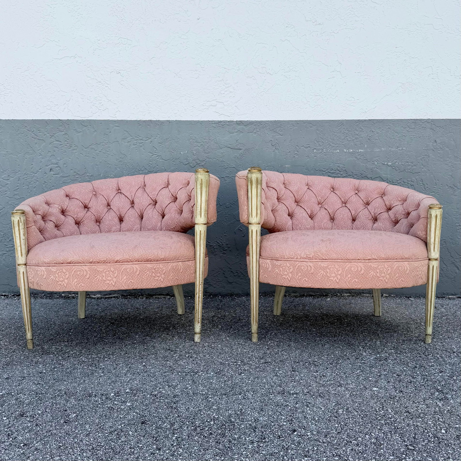 Vintage French-Style Tufted Pink Barrel Accent Chairs - A Pair - 2