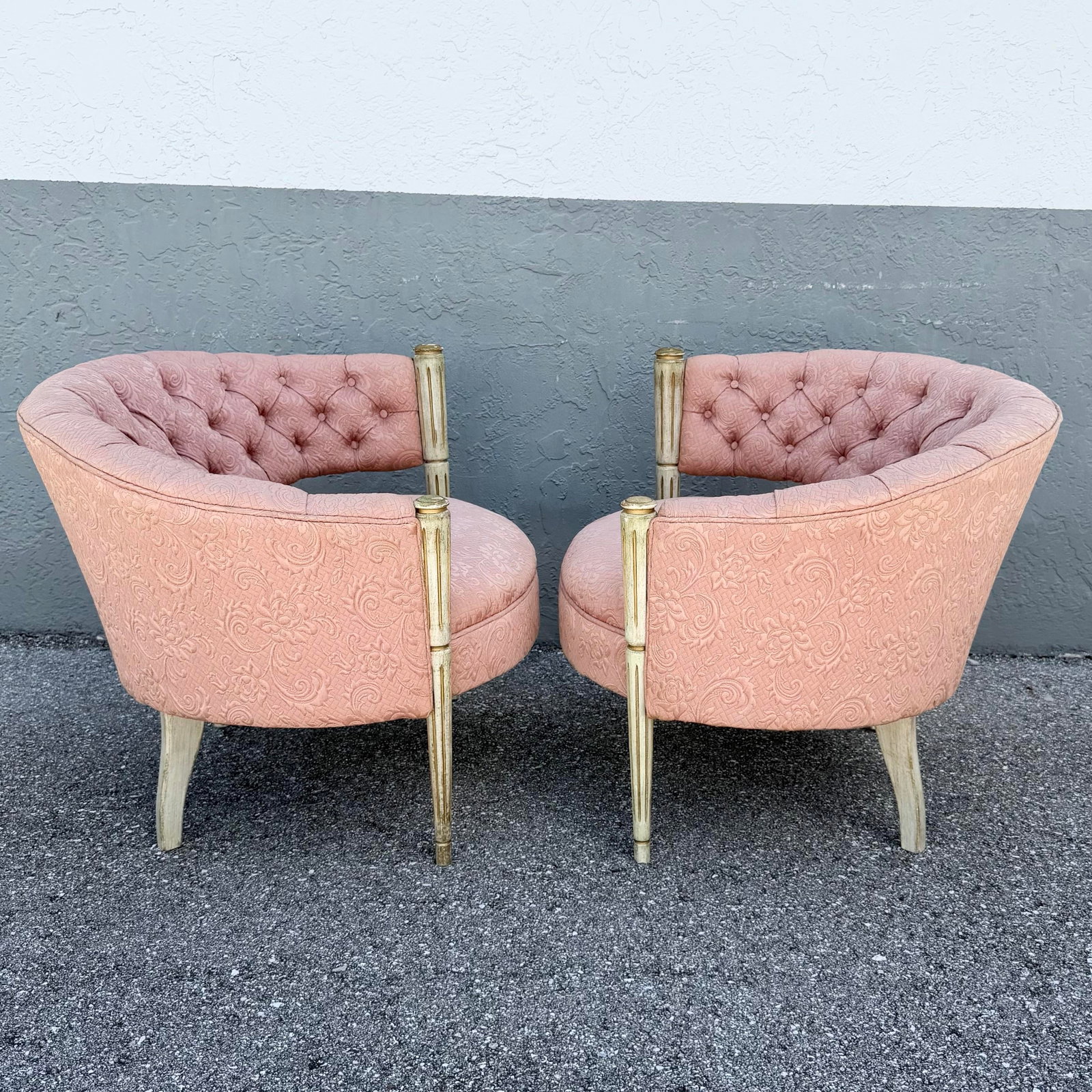 Vintage French-Style Tufted Pink Barrel Accent Chairs - A Pair - 4