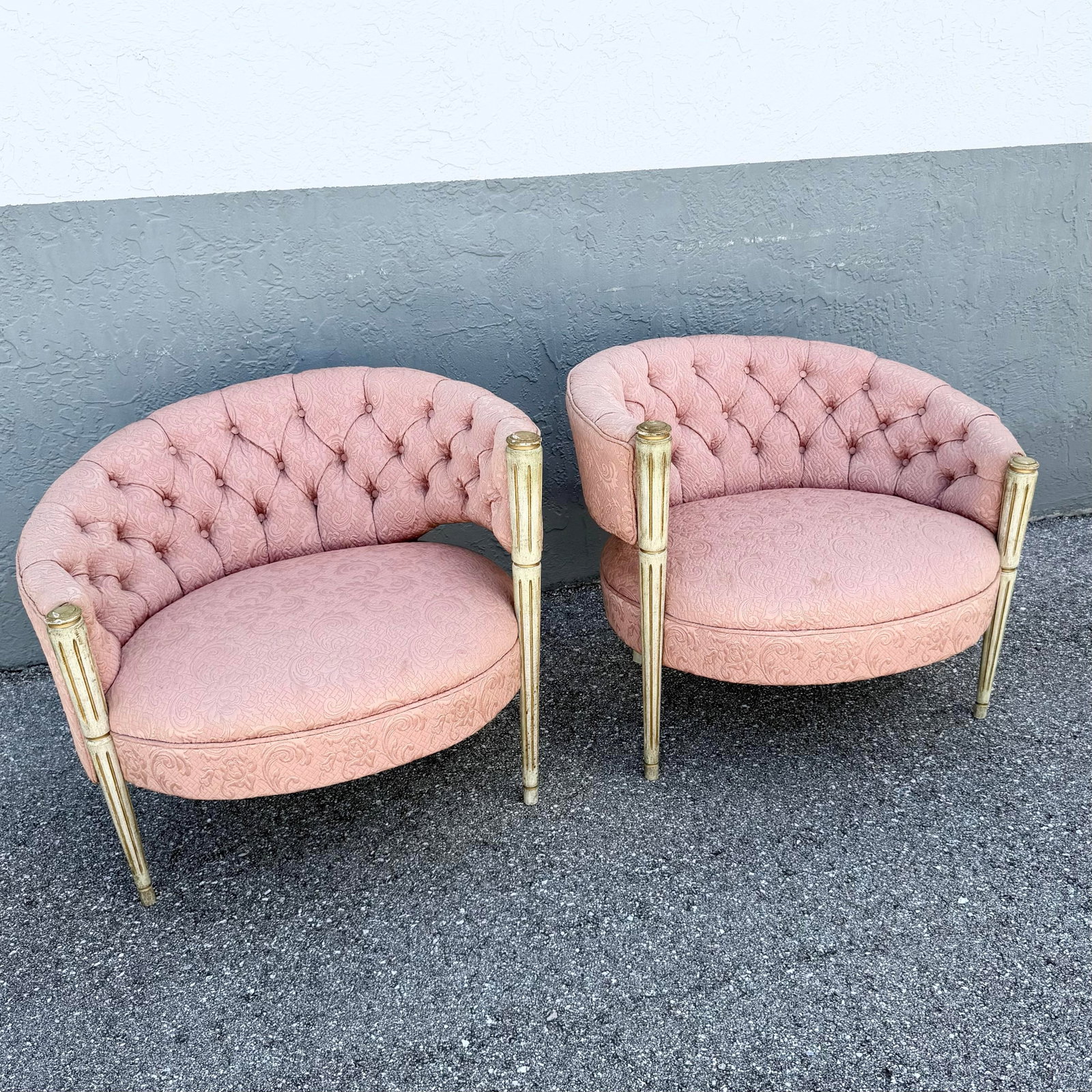 Vintage French-Style Tufted Pink Barrel Accent Chairs - A Pair - 5