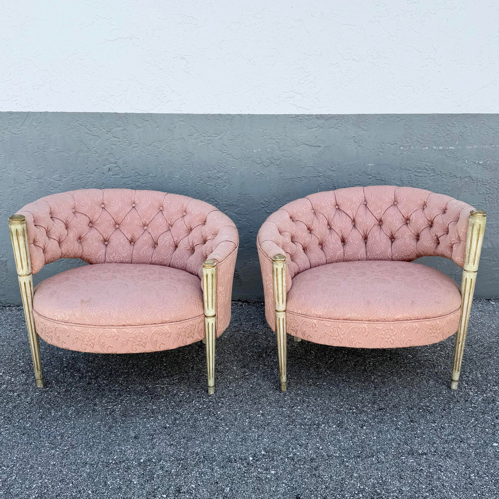 Vintage French-Style Tufted Pink Barrel Accent Chairs - A Pair - 6
