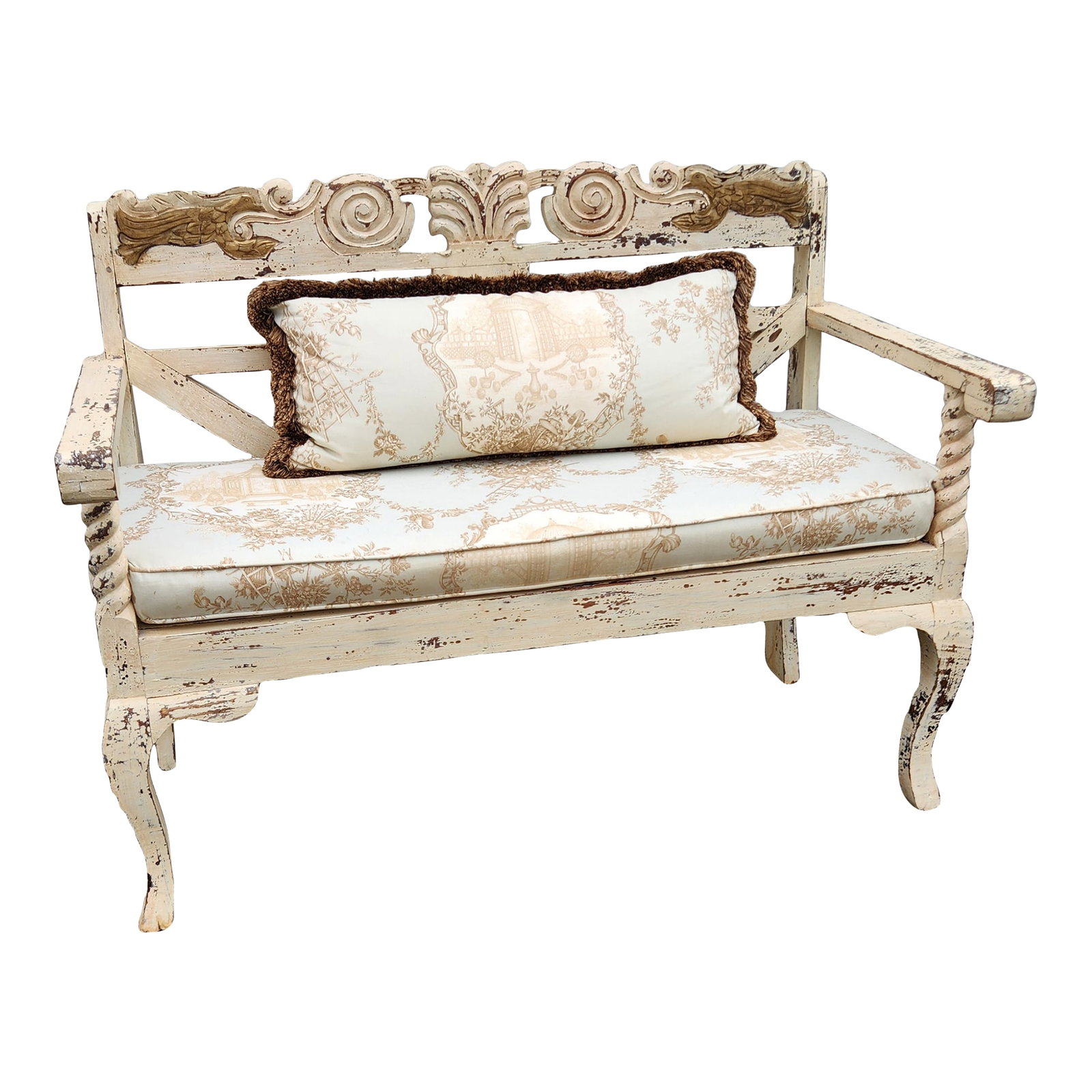 Vintage French Country Distressed Cream Painted Carved Wood Settee With Custom Toile Cushion (1 of 15)