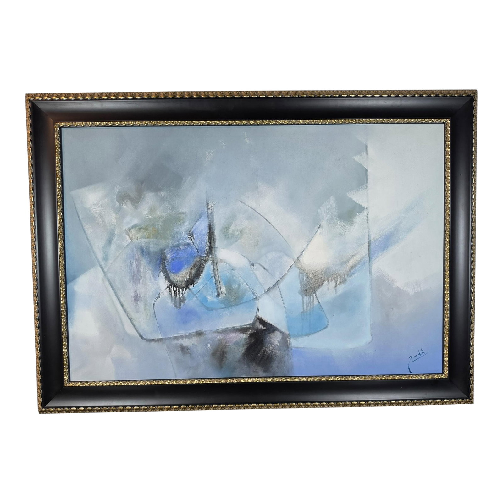 Late 20th Century Postmodern Abstract Expressionist Blue & Slate Painting - Companion Piece Signed: An exceptional and highly atmospheric late-20th-century Mid-Century Modern/Postmodern abstract expressionist oil or mixed-media painting. This compelling work functions as a brilliant cool-toned compa