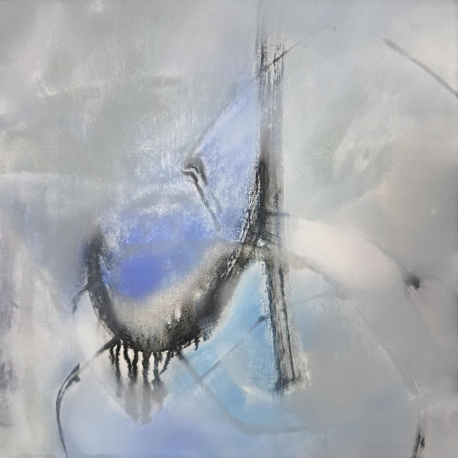 Late 20th Century Postmodern Abstract Expressionist Blue & Slate Painting - Companion Piece Signed - 2