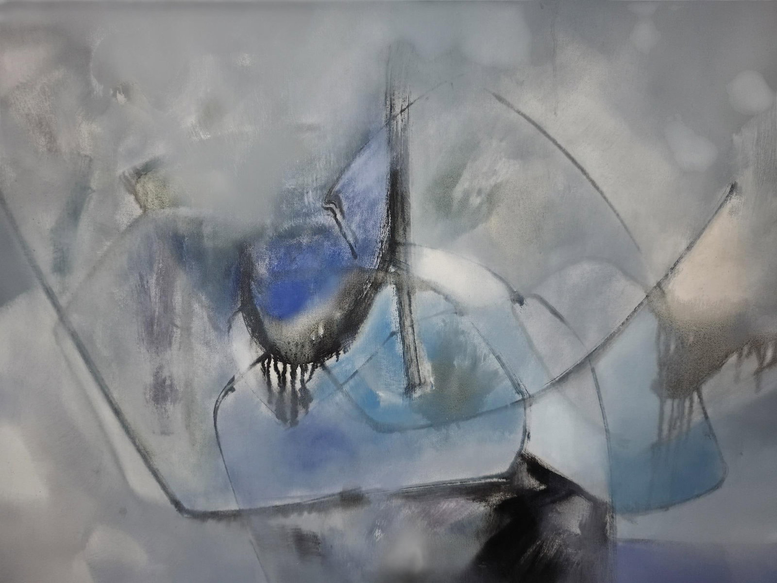 Late 20th Century Postmodern Abstract Expressionist Blue & Slate Painting - Companion Piece Signed - 4