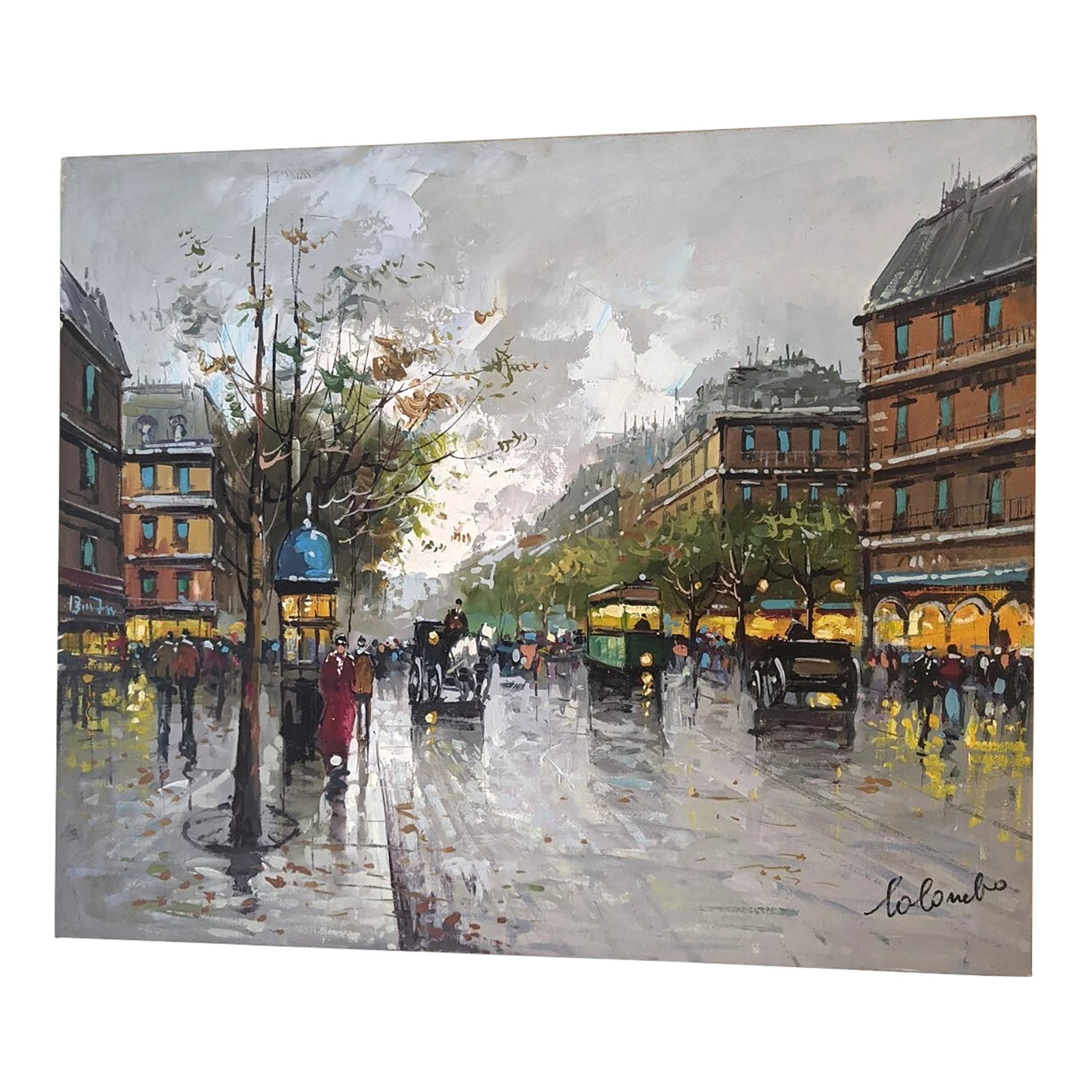 Late 20th Century Large Contemporary Impressionist Paris Street Scene Oil Painting on Canvas, Signed: A striking original oil painting on canvas depicting a bustling Parisian boulevard on a rainy afternoon. Executed in an impressionistic style, the work captures horse-drawn carriages, illuminated stor