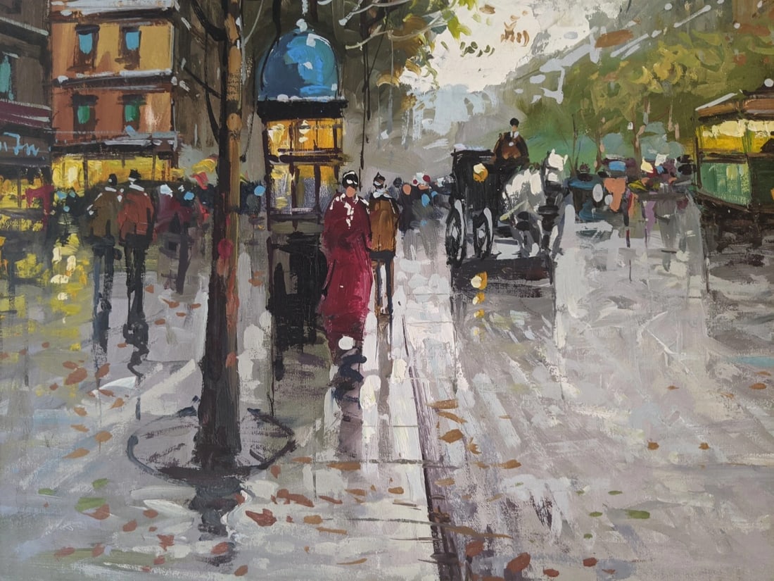 Late 20th Century Large Contemporary Impressionist Paris Street Scene Oil Painting on Canvas, Signed - 2
