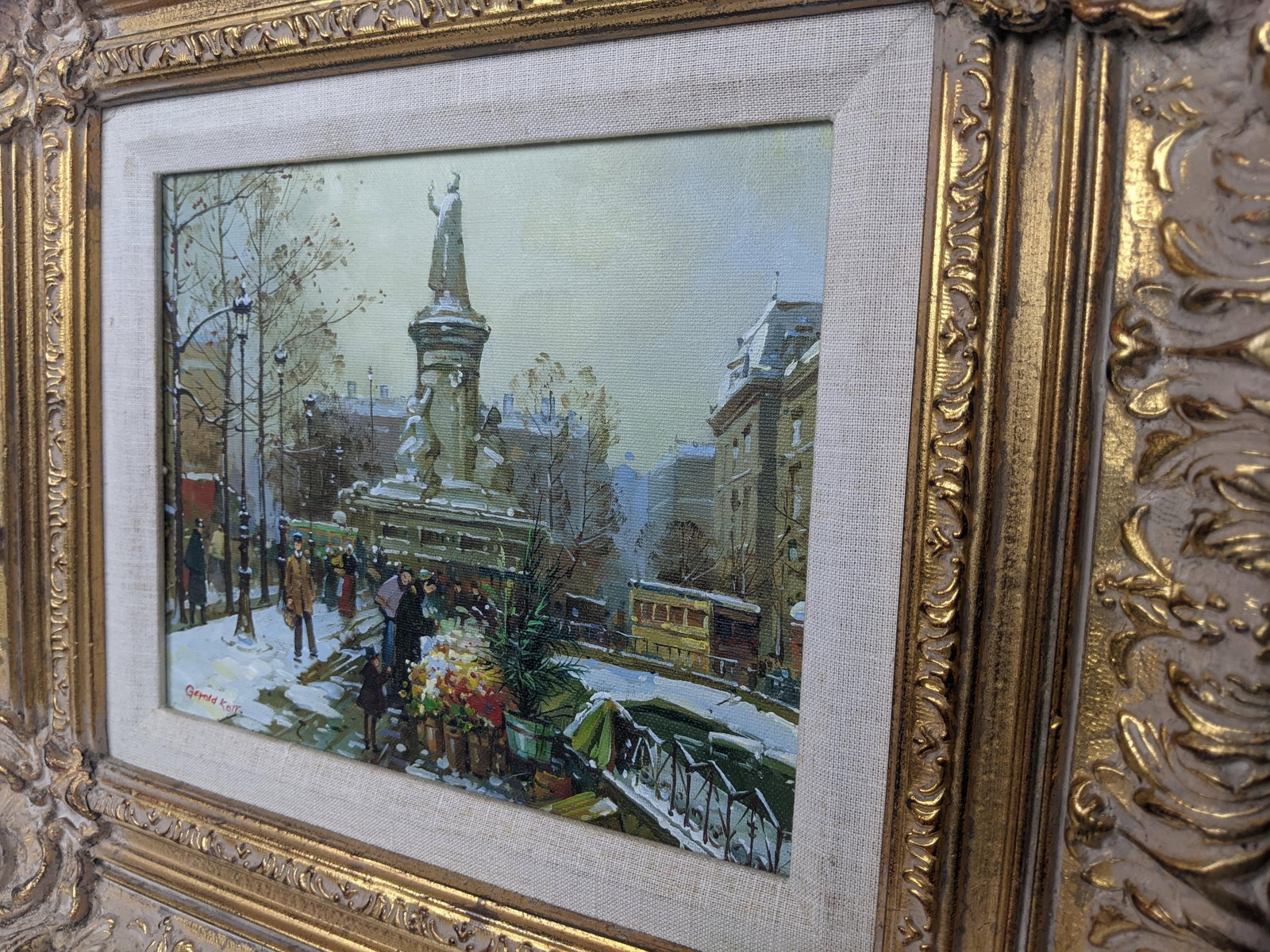 Framed European Winter Street Scene Original Oil Painting Signed Gerald Kott, Mid-20th Century - 10