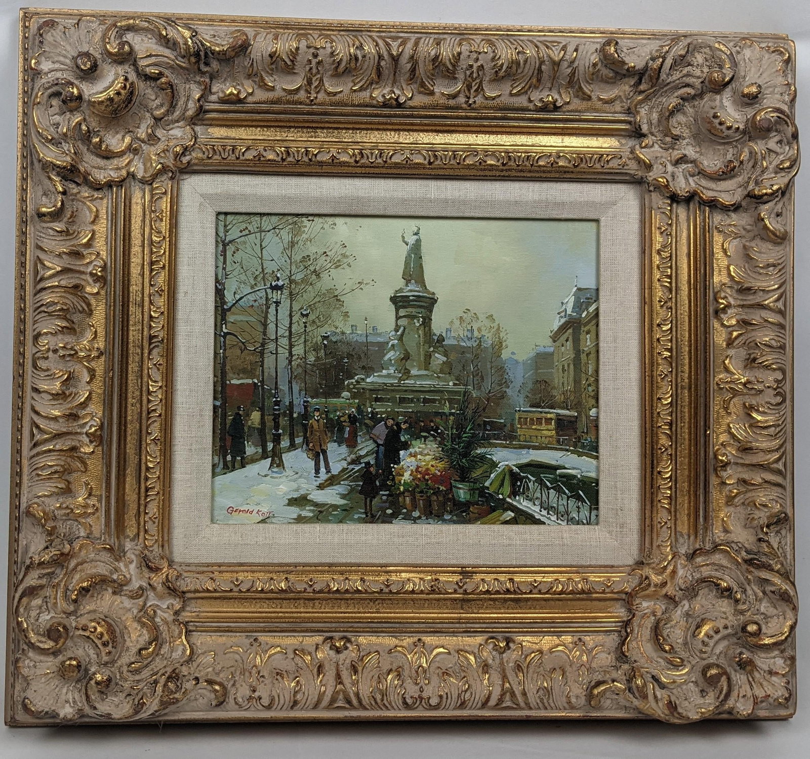 Framed European Winter Street Scene Original Oil Painting Signed Gerald Kott, Mid-20th Century - 11
