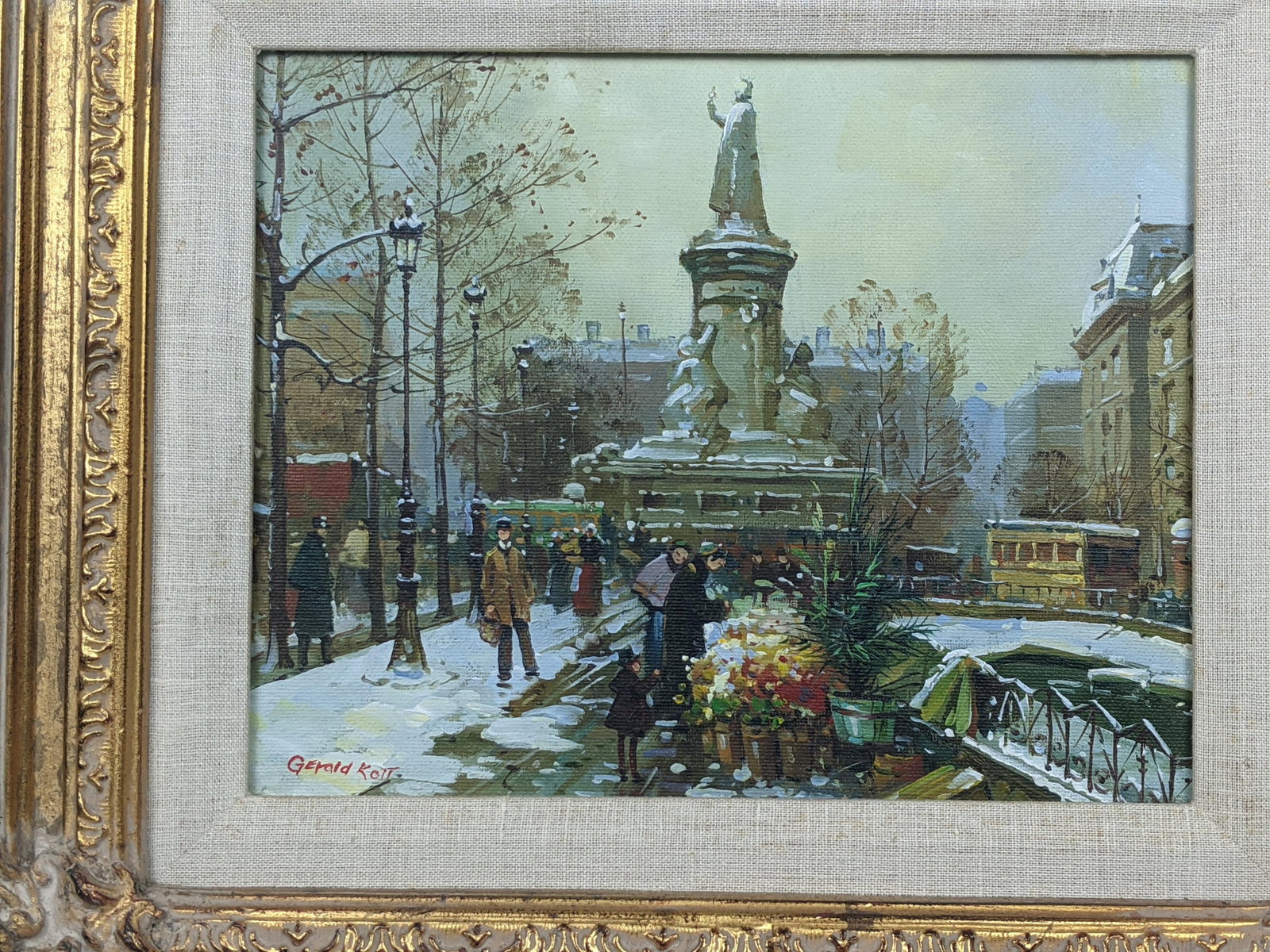 Framed European Winter Street Scene Original Oil Painting Signed Gerald Kott, Mid-20th Century - 15