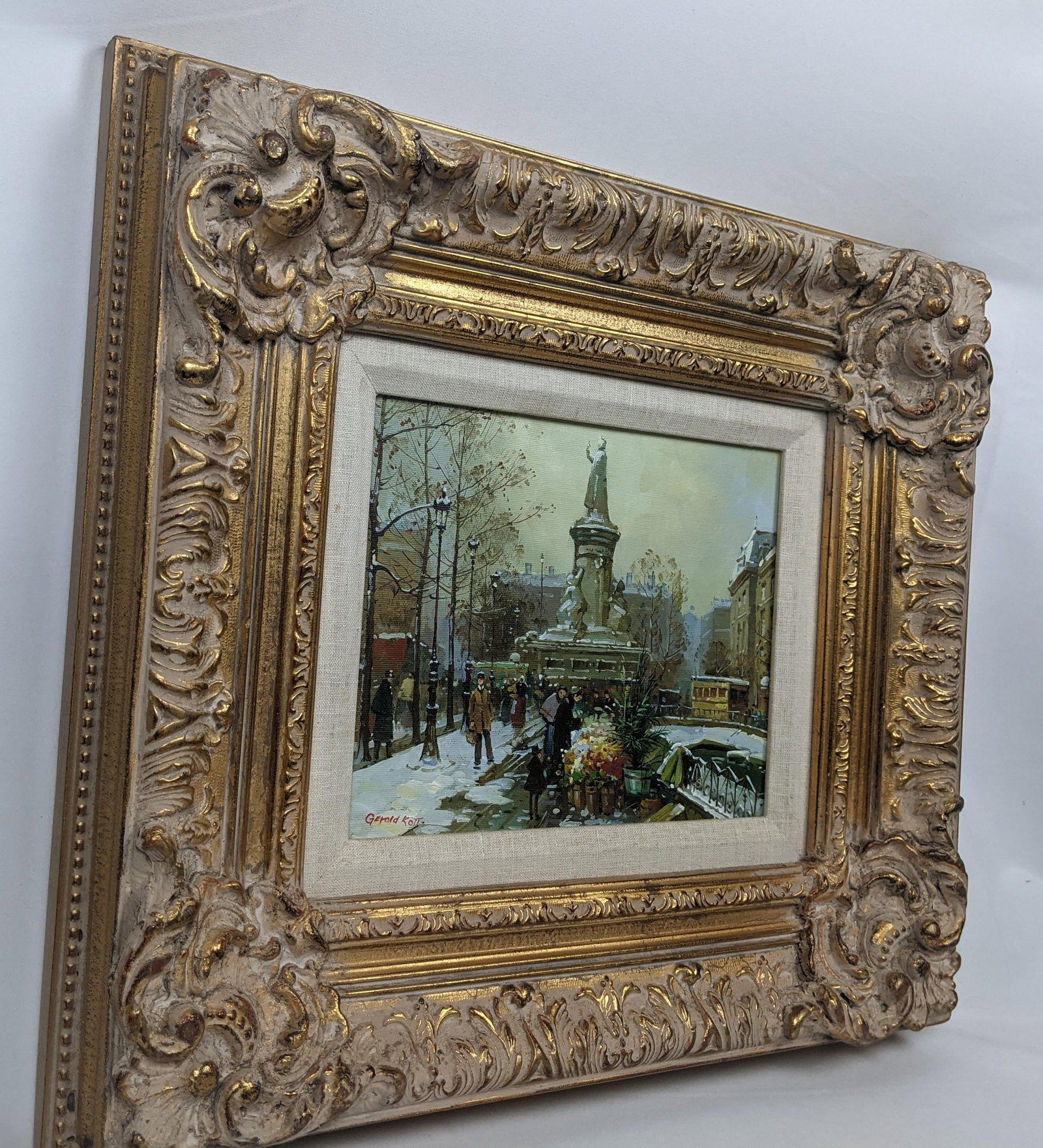 Framed European Winter Street Scene Original Oil Painting Signed Gerald Kott, Mid-20th Century - 16